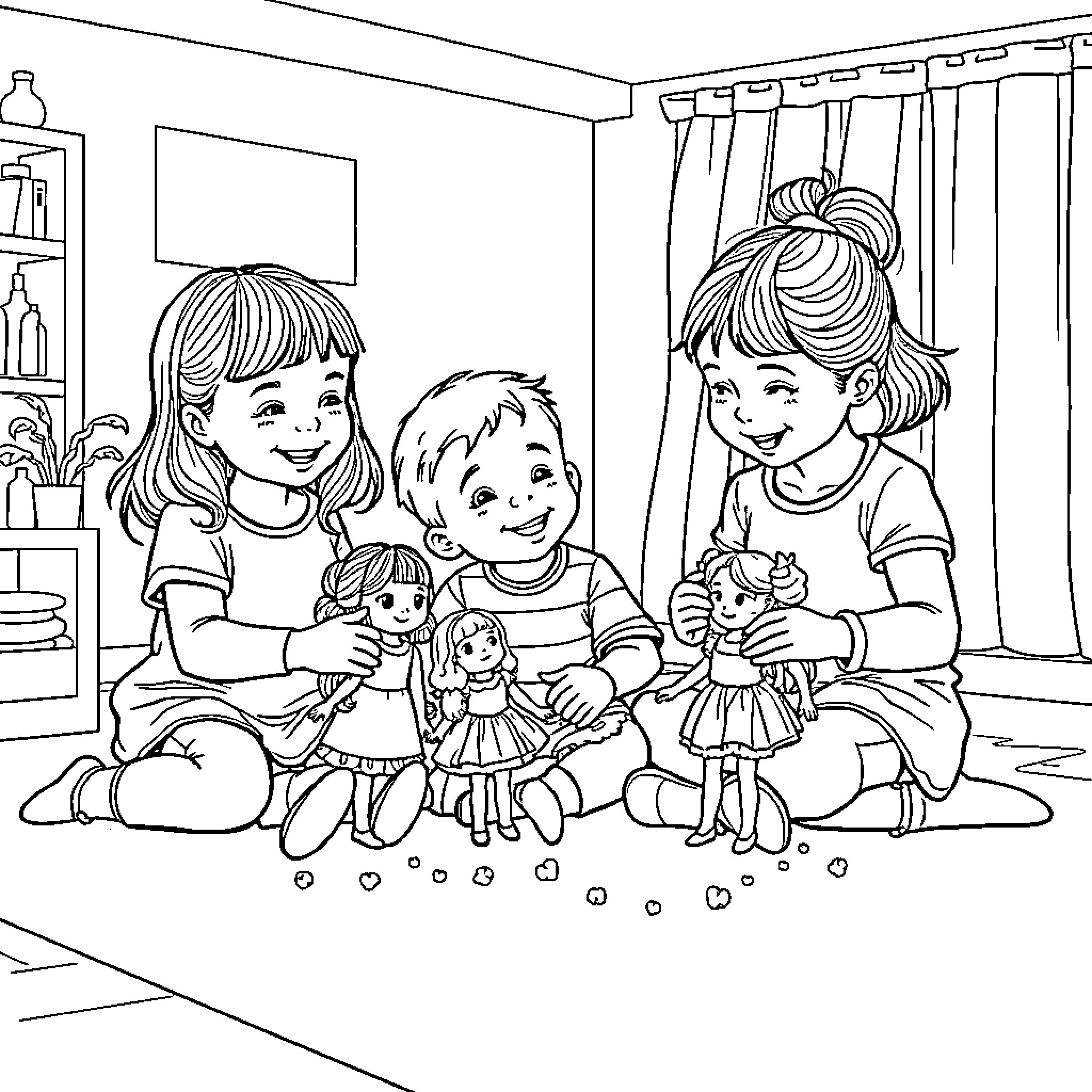 Child siblings playing with dolls in a room Coloring Page (free black-and-white line drawing printable PDF for all, from beginners to advanced learners, including children, teens, adults, and seniors)