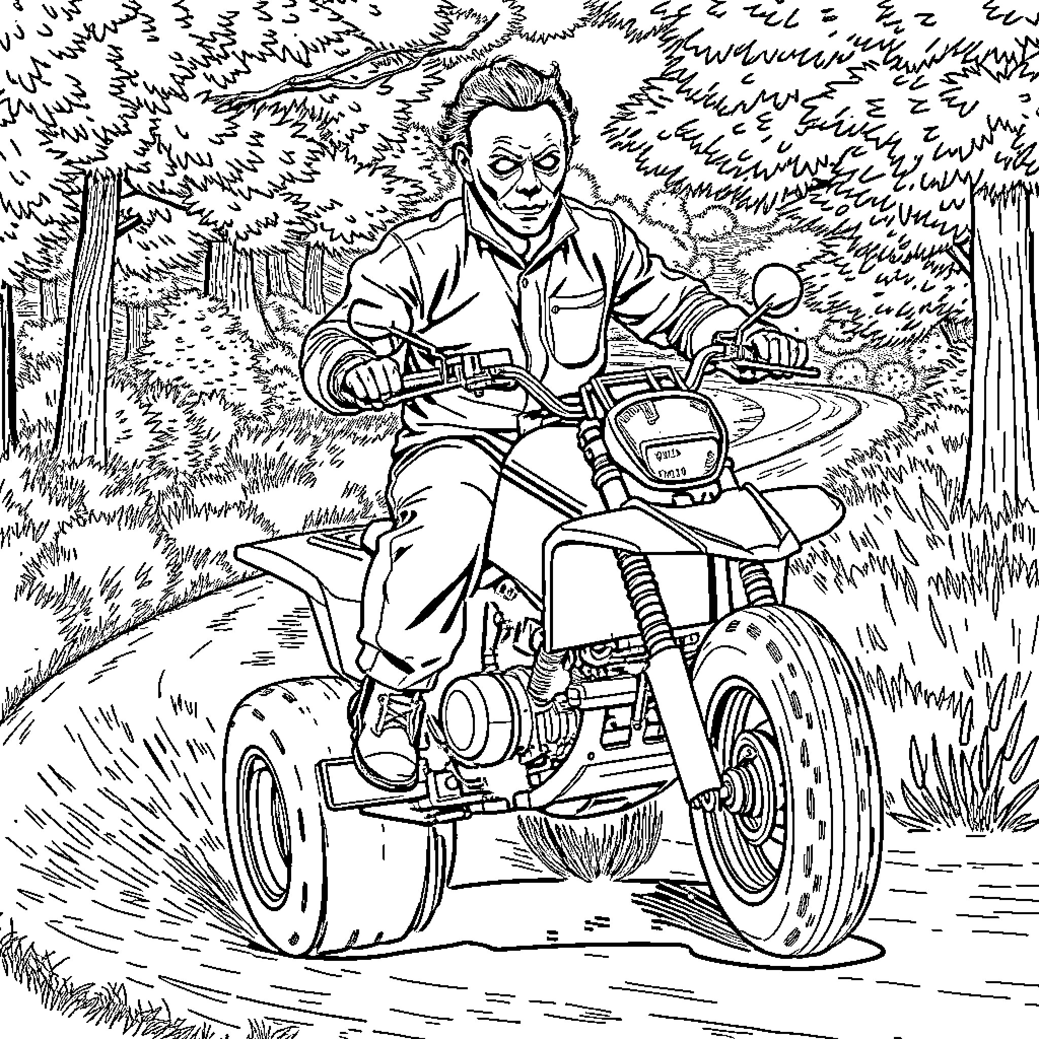 Michael Myers Riding a Fearsome Motorcycle Through the Wilderness Coloring Page (free black-and-white line drawing printable PDF for all, from beginners to advanced learners, including children, teens, adults, and seniors)
