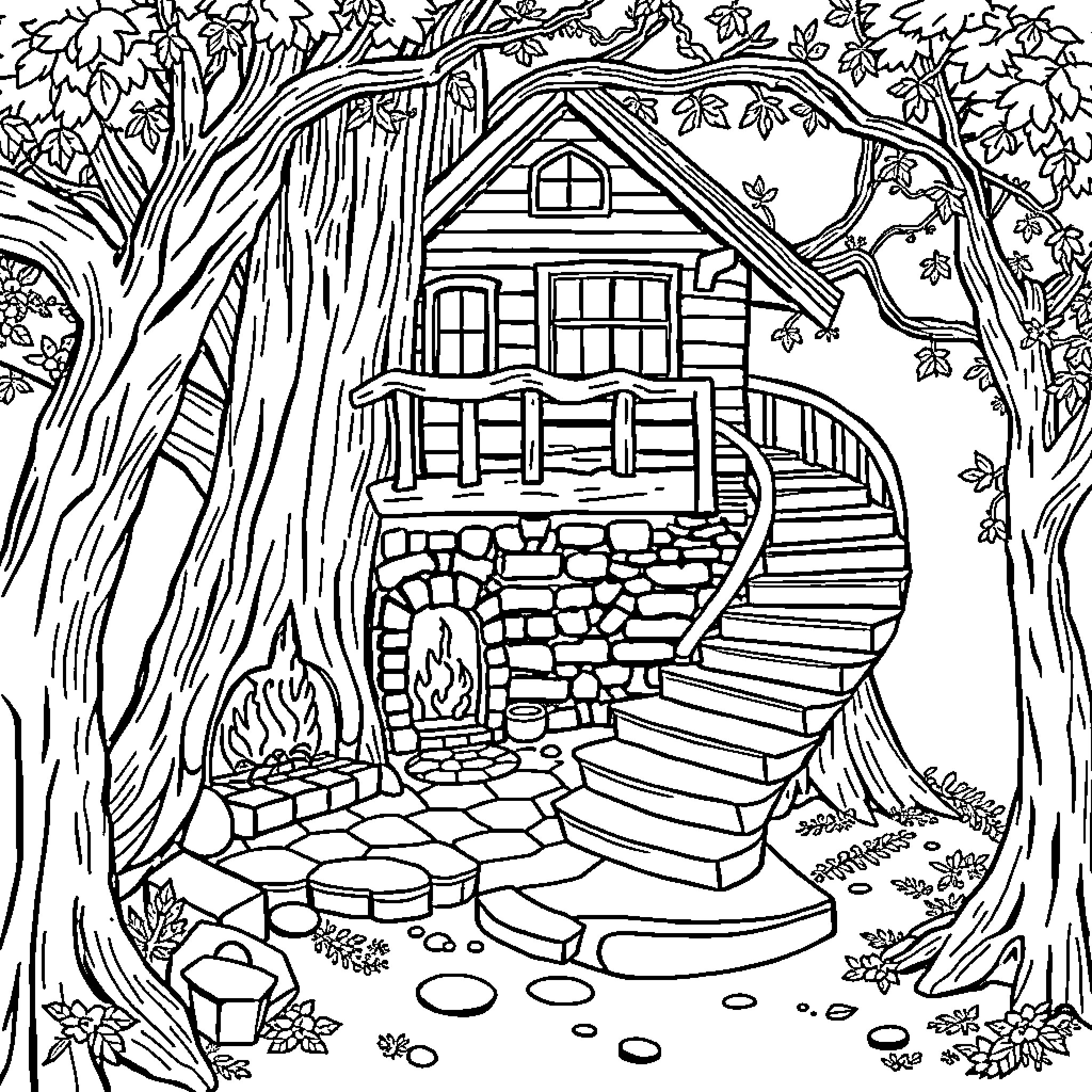 Tree House in Enchanted Forest Coloring Page (free black-and-white line drawing printable PDF for all, from beginners to advanced learners, including children, teens, adults, and seniors)