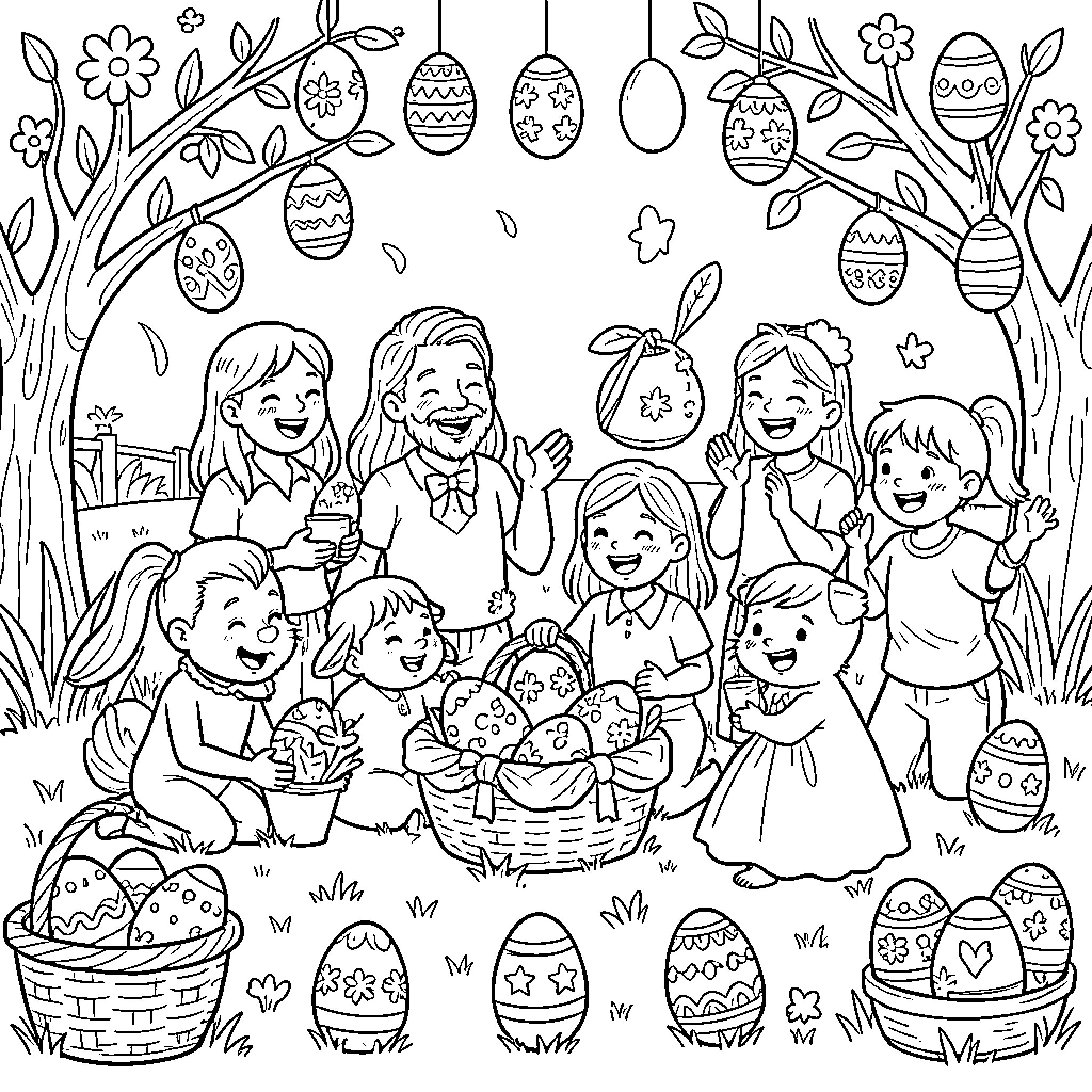 Easter Family Celebration with Decorated Eggs and Joyful Expressions Coloring Page (free black-and-white line drawing printable PDF for all, from beginners to advanced learners, including children, teens, adults, and seniors)