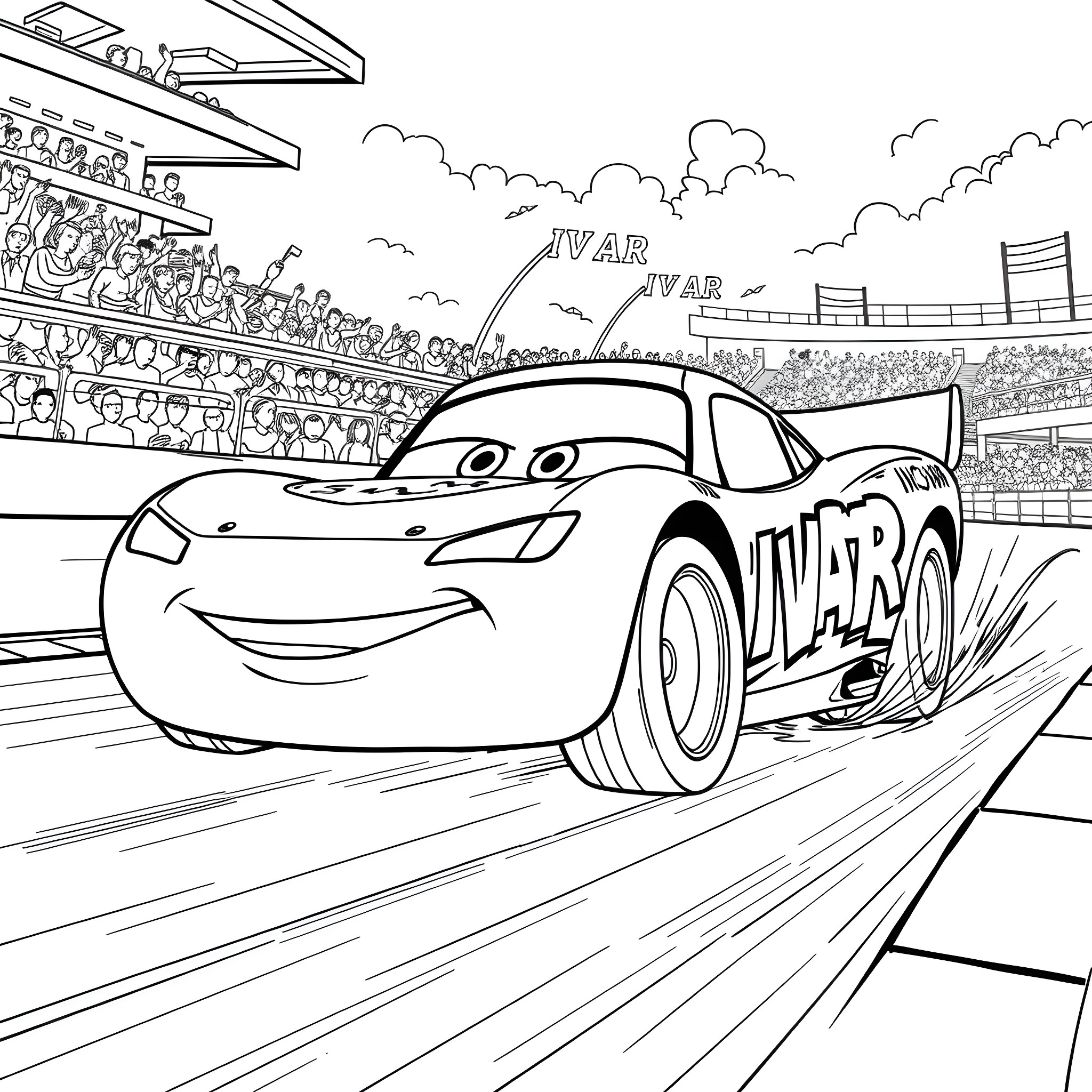 Lightning McQueen racing on the track with speed Coloring Page (free black-and-white line drawing printable PDF for all, from beginners to advanced learners, including children, teens, adults, and seniors)