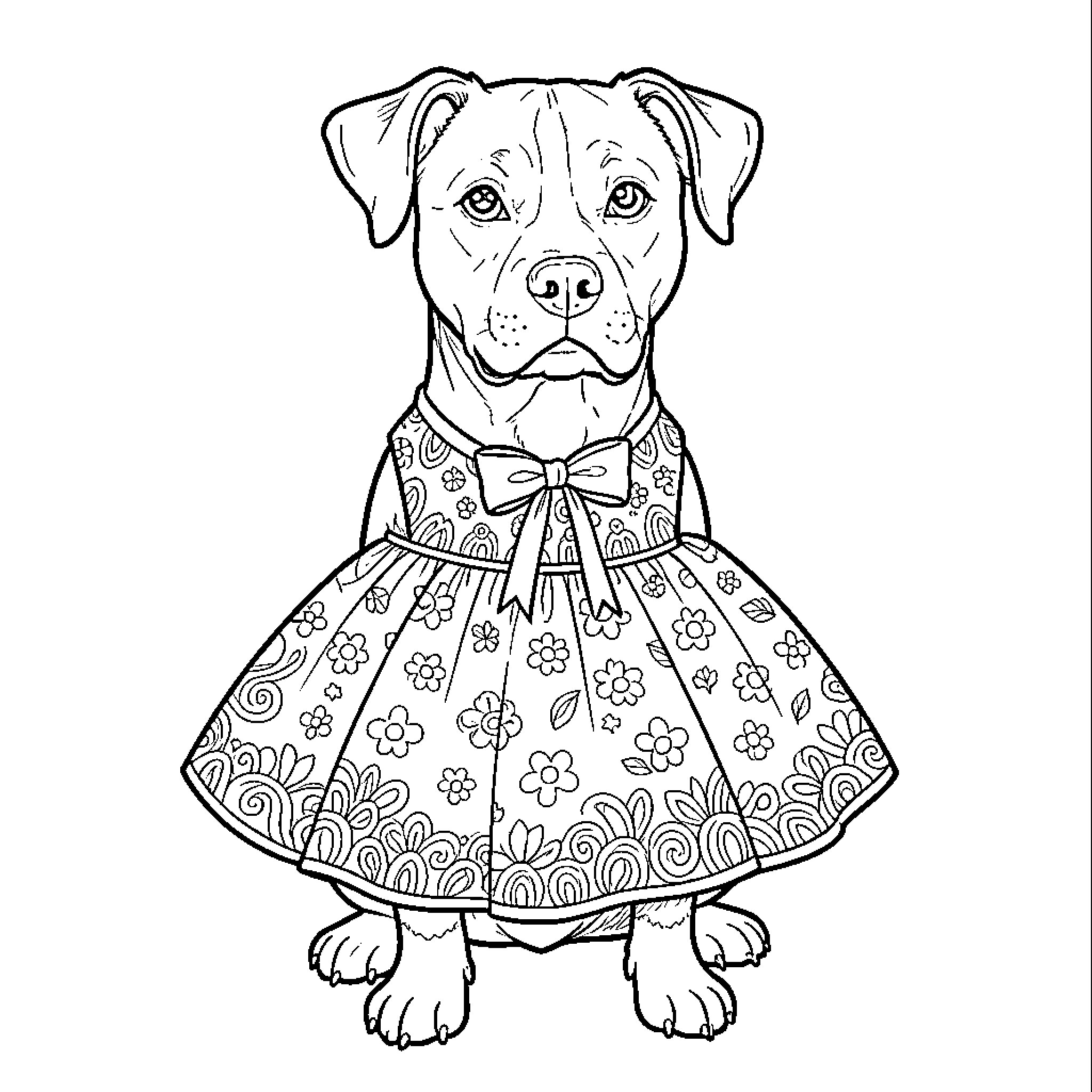 Staffy wearing a floral dress Coloring Page (free black-and-white line drawing printable PDF for all, from beginners to advanced learners, including children, teens, adults, and seniors)