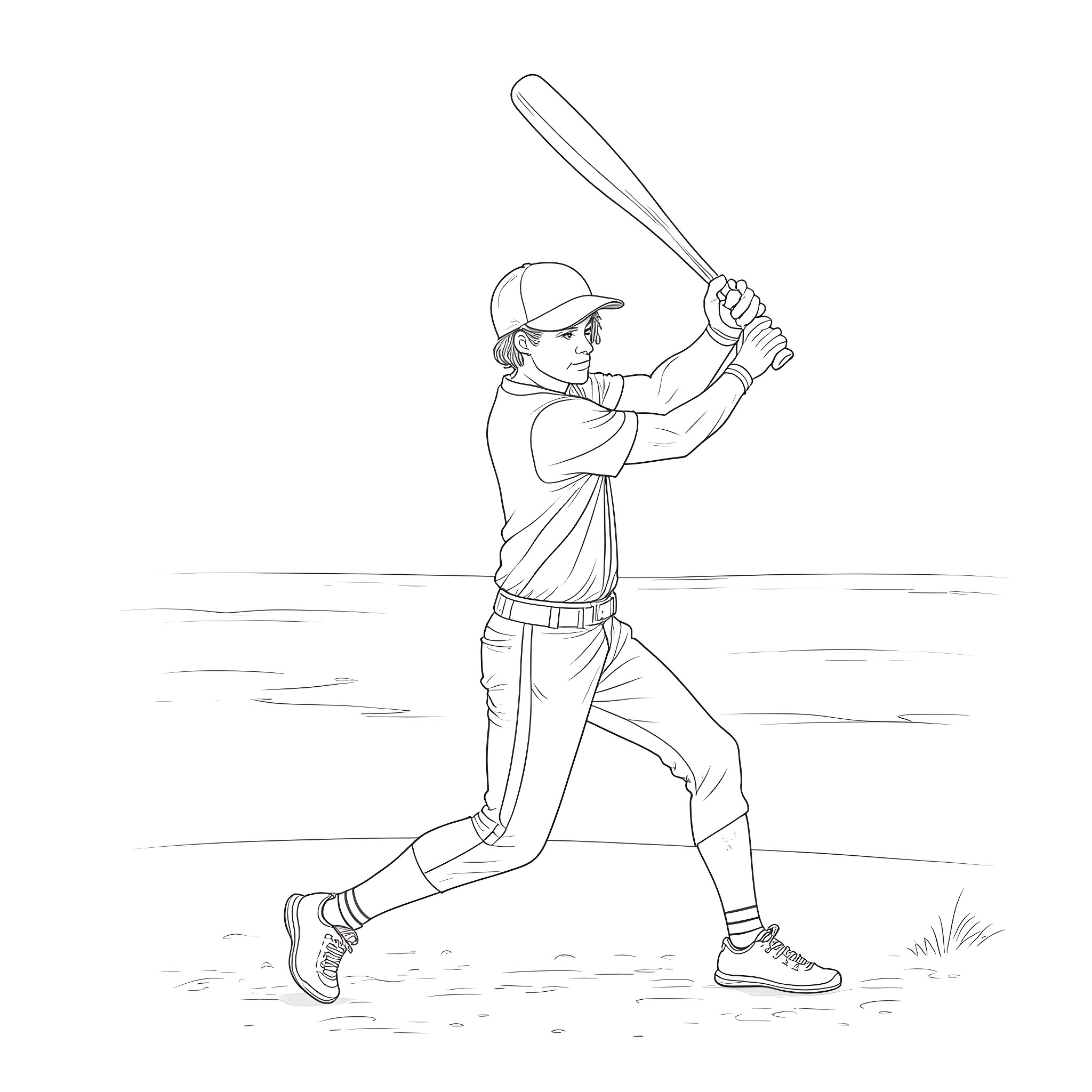 Baseball Player Batting in a Game Coloring Page (free black-and-white line drawing printable PDF for all, from beginners to advanced learners, including children, teens, adults, and seniors)