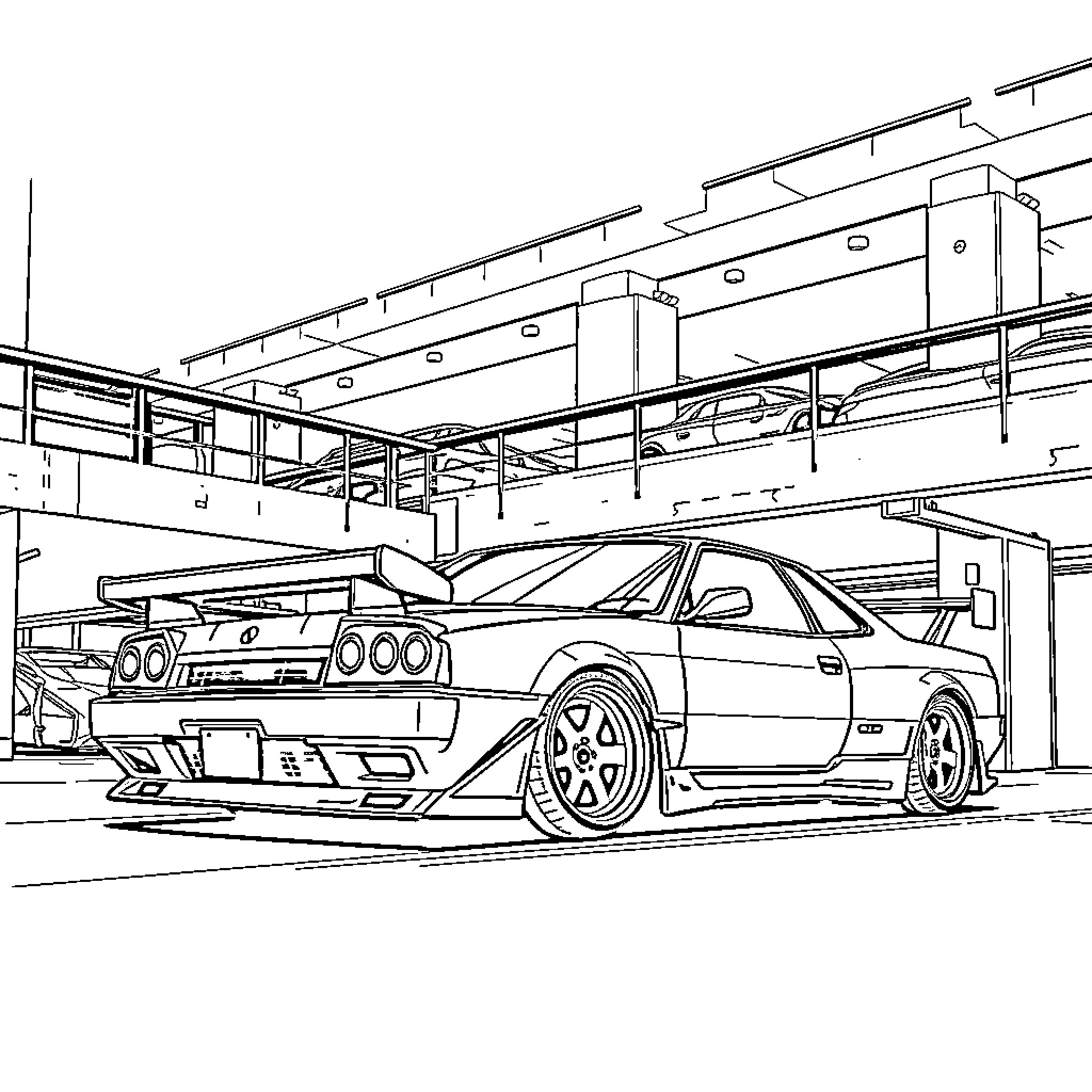 Drift Car Speeding Through Garage Scenery Coloring Page (free black-and-white line drawing printable PDF for all, from beginners to advanced learners, including children, teens, adults, and seniors)