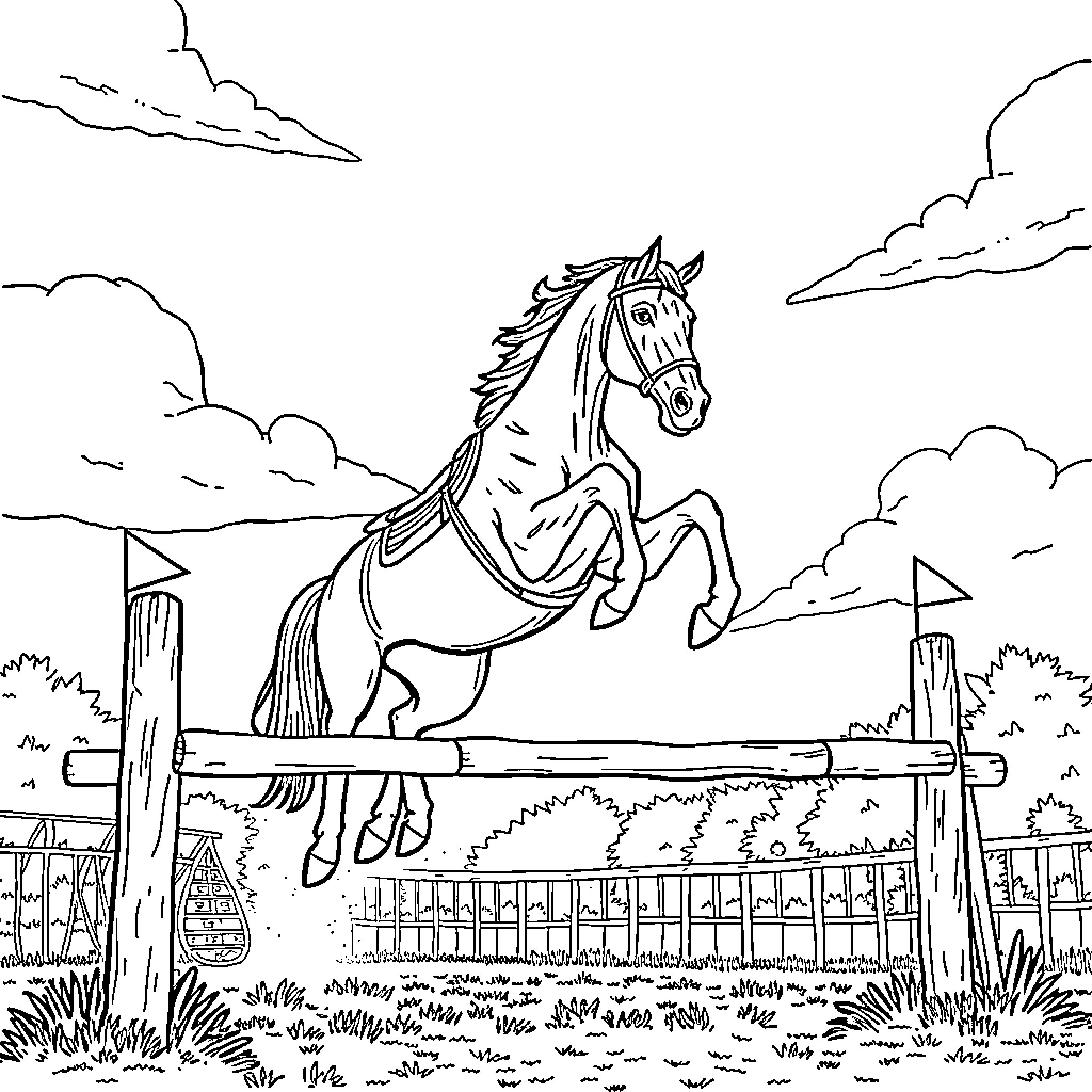 Horse leaping over fence in rural landscape Coloring Page (free black-and-white line drawing printable PDF for all, from beginners to advanced learners, including children, teens, adults, and seniors)