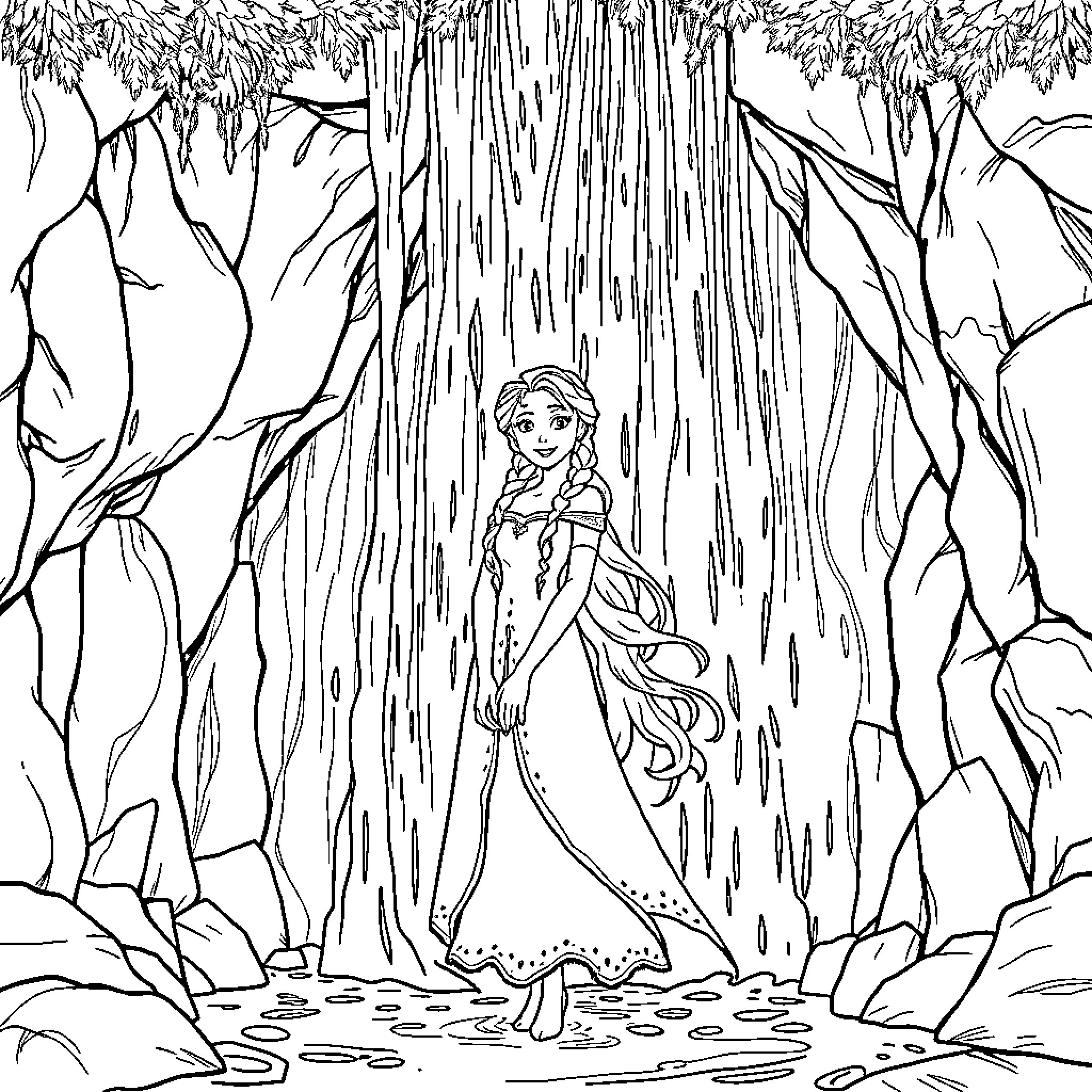 Princess in the Enchanted Forest Coloring Page (free black-and-white line drawing printable PDF for all, from beginners to advanced learners, including children, teens, adults, and seniors)