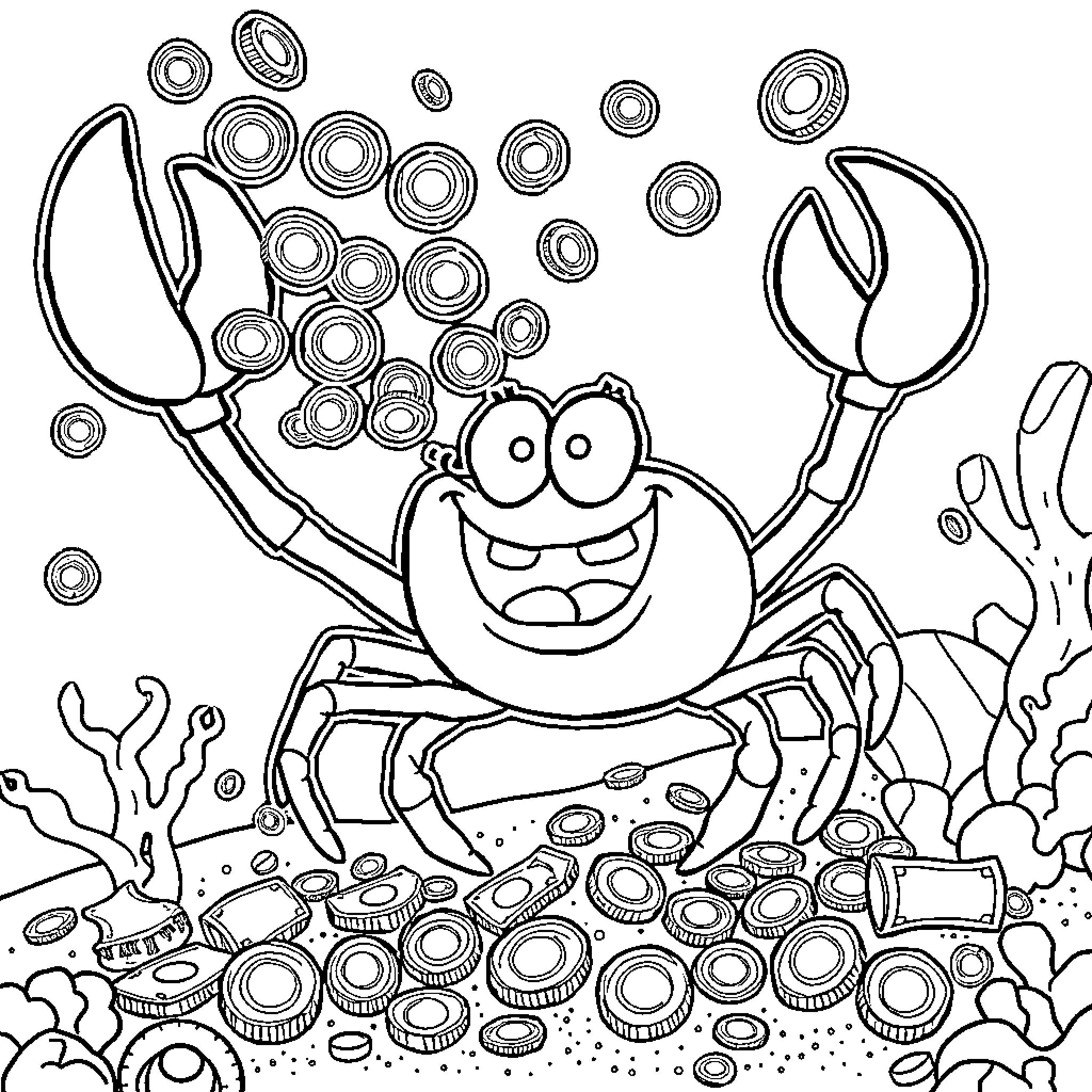 Mr. Krabs collects shiny objects underwater Coloring Page (free black-and-white line drawing printable PDF for all, from beginners to advanced learners, including children, teens, adults, and seniors)