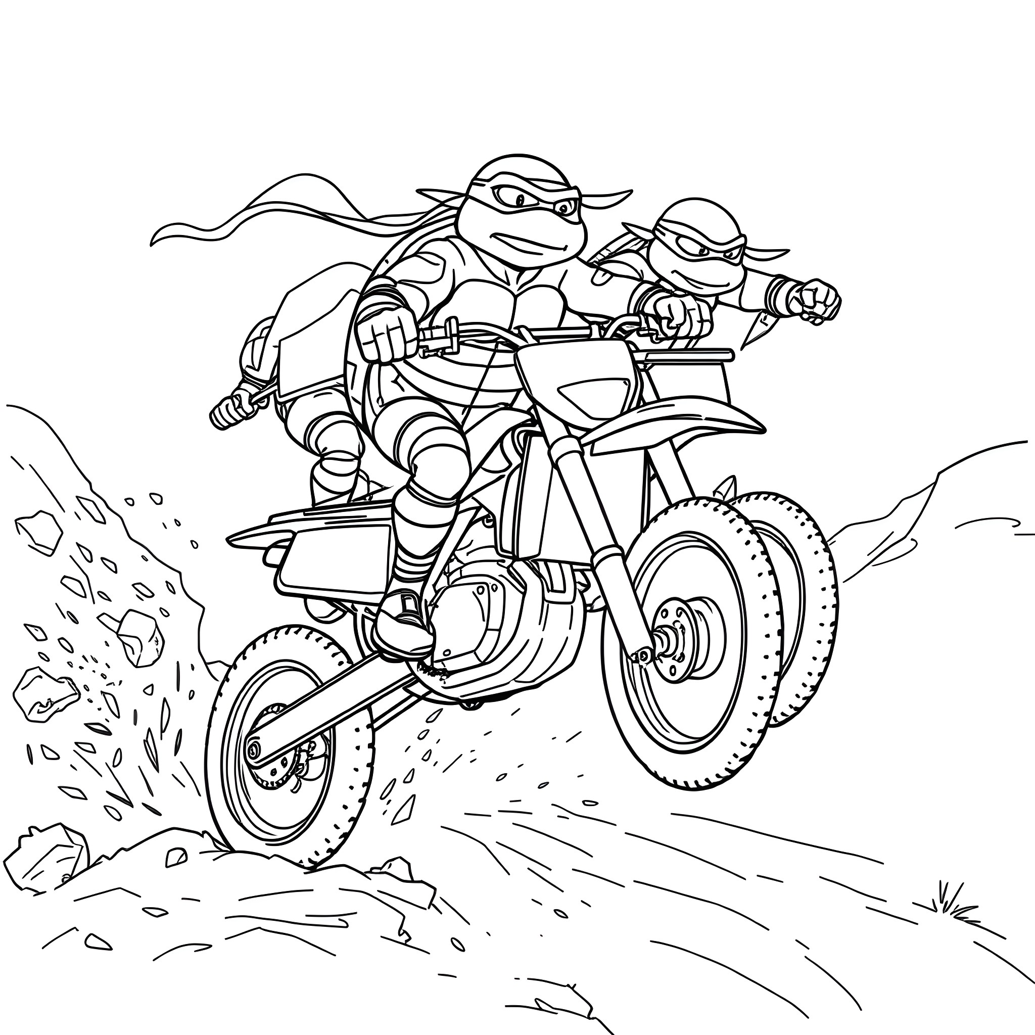 Teenage Mutant Ninja Turtles riding off-road motorcycles Coloring Page (free black-and-white line drawing printable PDF for all, from beginners to advanced learners, including children, teens, adults, and seniors)