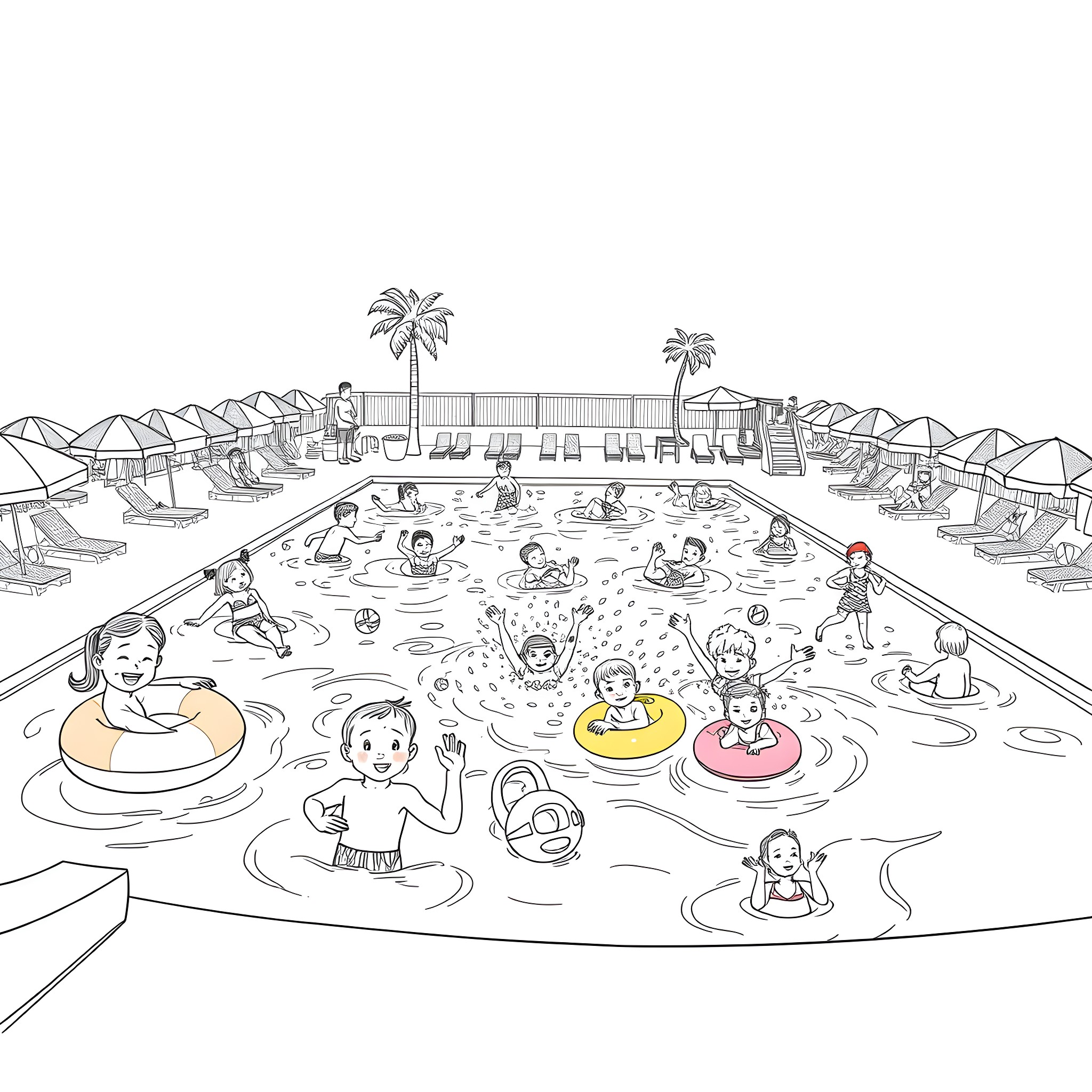 Kid's Lively Pool Party in the Summer Coloring Page (free black-and-white line drawing printable PDF for all, from beginners to advanced learners, including children, teens, adults, and seniors)