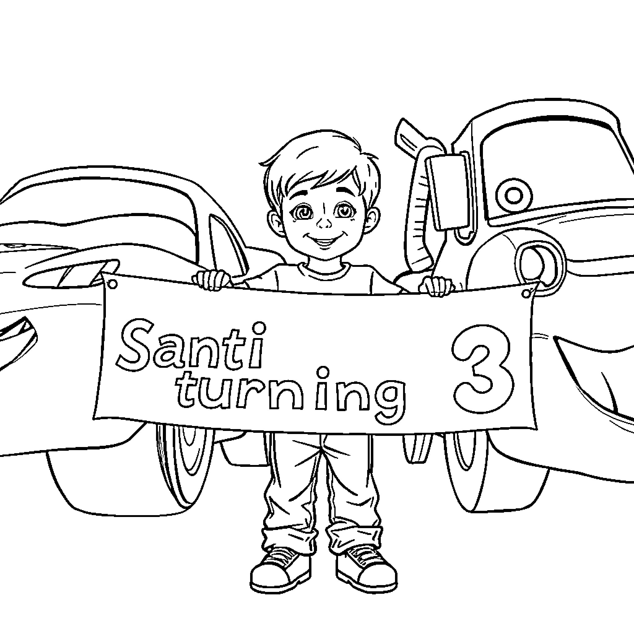 Boy Celebrating His 3rd Birthday with Toy Cars Coloring Page (free black-and-white line drawing printable PDF for all, from beginners to advanced learners, including children, teens, adults, and seniors)