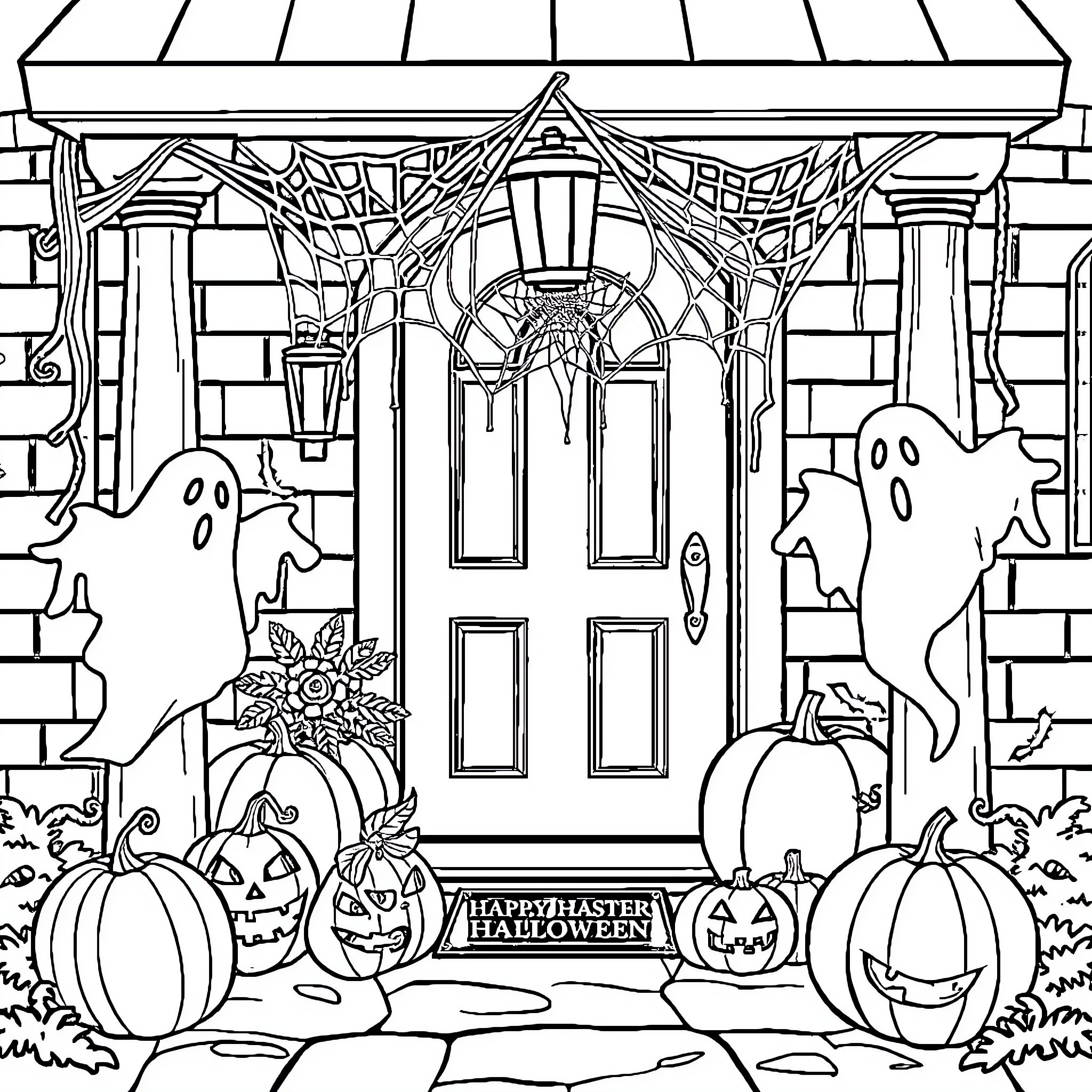 Halloween haunted house with spooky decorations Coloring Page (free black-and-white line drawing printable PDF for all, from beginners to advanced learners, including children, teens, adults, and seniors)
