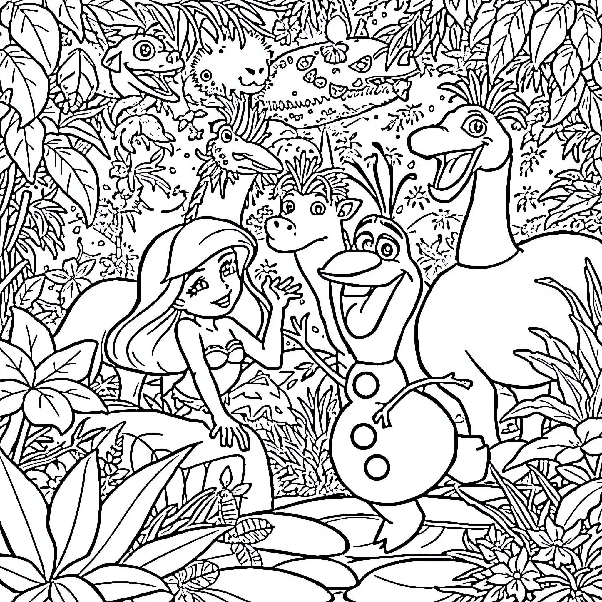 Ariel and Friends Explore the Lush Jungle Coloring Page (free black-and-white line drawing printable PDF for all, from beginners to advanced learners, including children, teens, adults, and seniors)