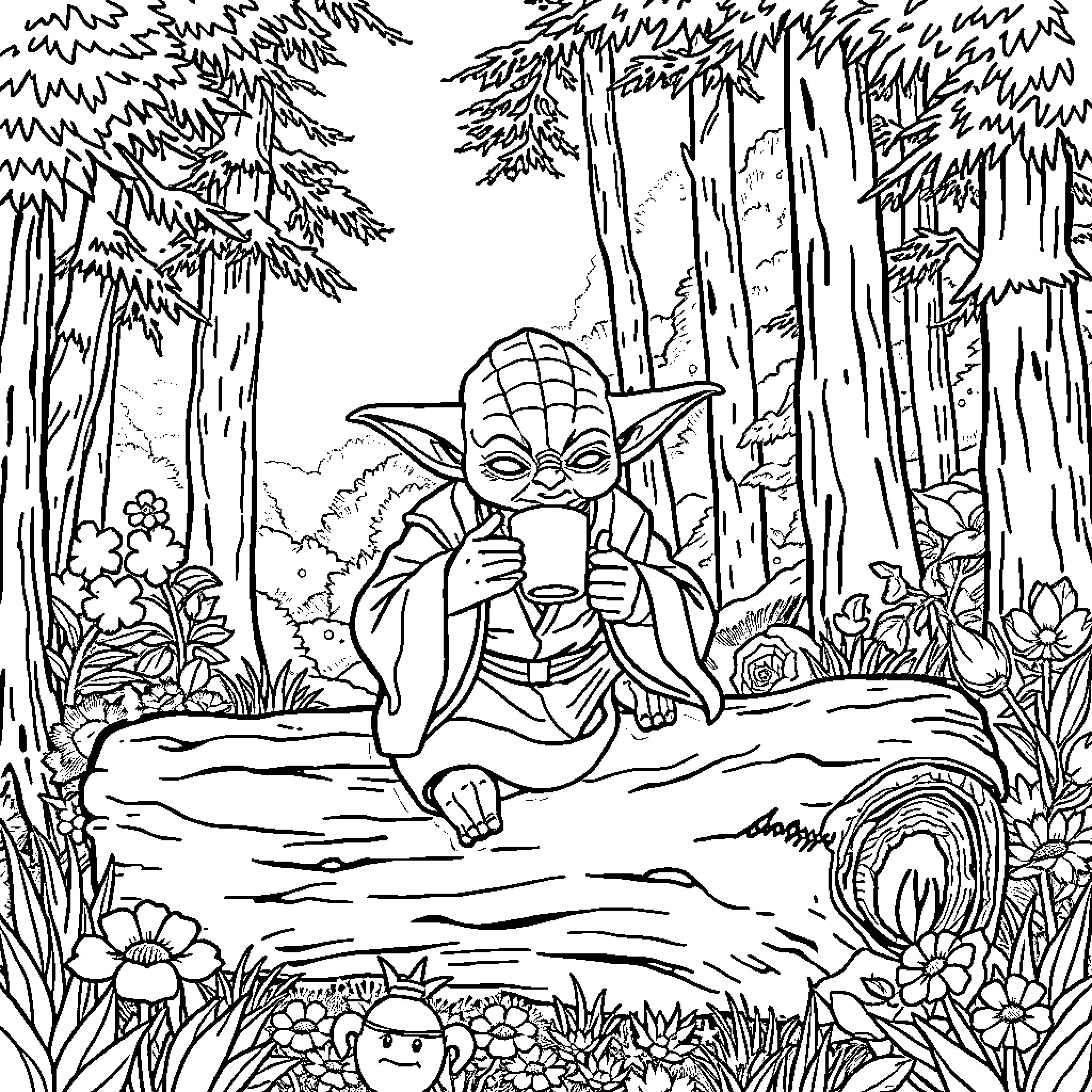 Yoda meditating peacefully in the serene forest Coloring Page (free black-and-white line drawing printable PDF for all, from beginners to advanced learners, including children, teens, adults, and seniors)
