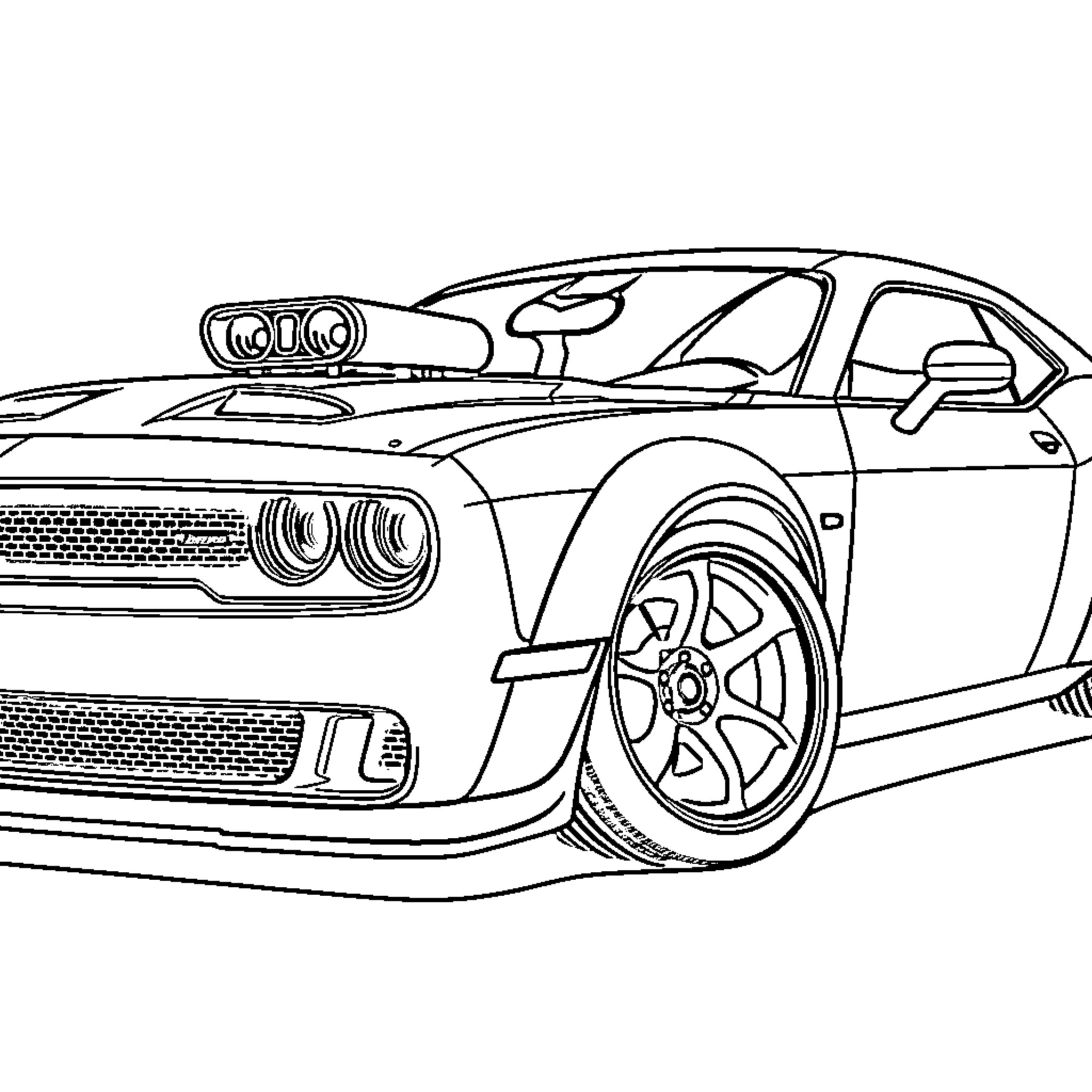 Dodge Challenger in dynamic action pose Coloring Page (free black-and-white line drawing printable PDF for all, from beginners to advanced learners, including children, teens, adults, and seniors)
