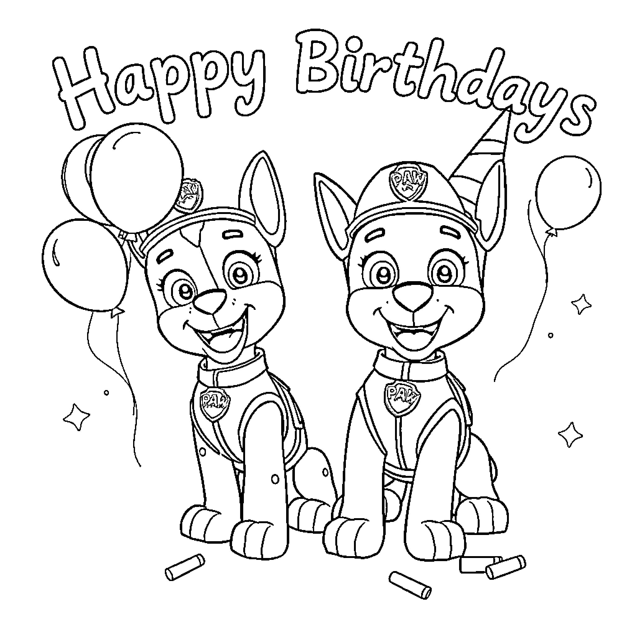 Paw Patrol puppies celebrate happy birthdays Coloring Page (free black-and-white line drawing printable PDF for all, from beginners to advanced learners, including children, teens, adults, and seniors)
