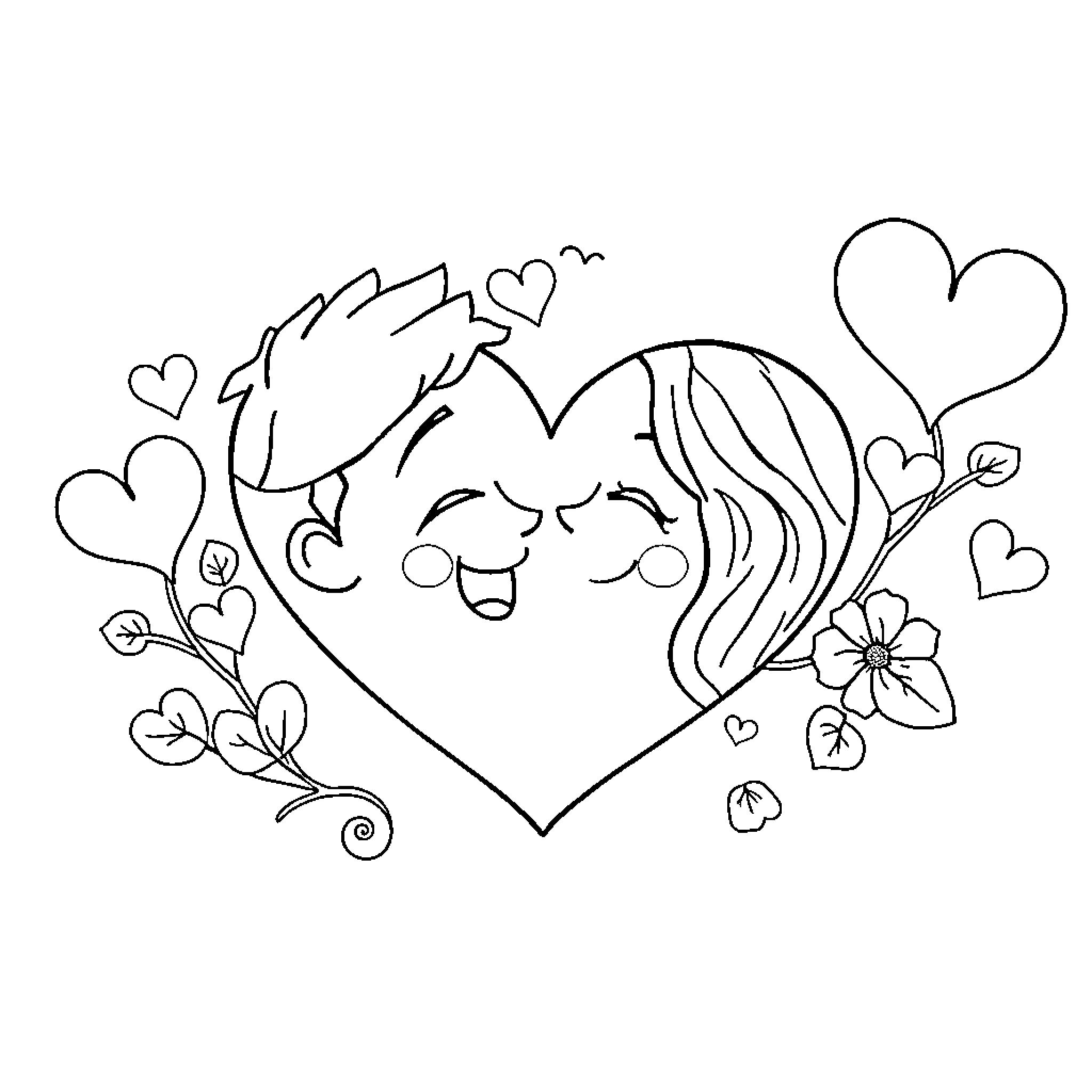 Love's Whimsical Embrace Coloring Page (free black-and-white line drawing printable PDF for all, from beginners to advanced learners, including children, teens, adults, and seniors)