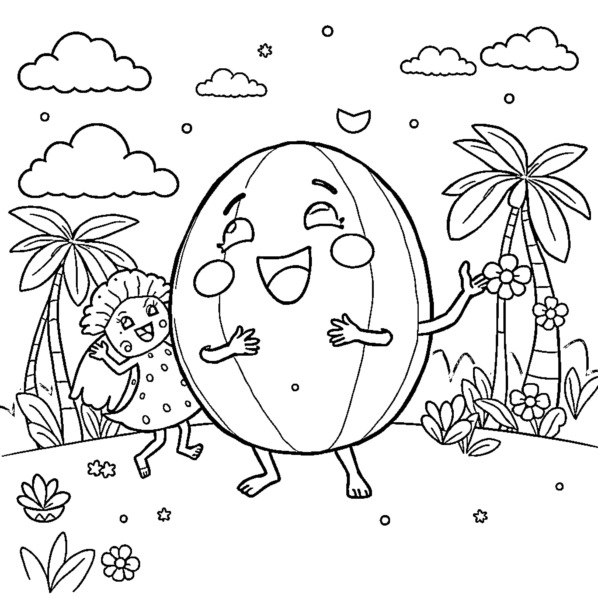 Cocomelon characters in a tropical paradise Coloring Page (free black-and-white line drawing printable PDF for all, from beginners to advanced learners, including children, teens, adults, and seniors)