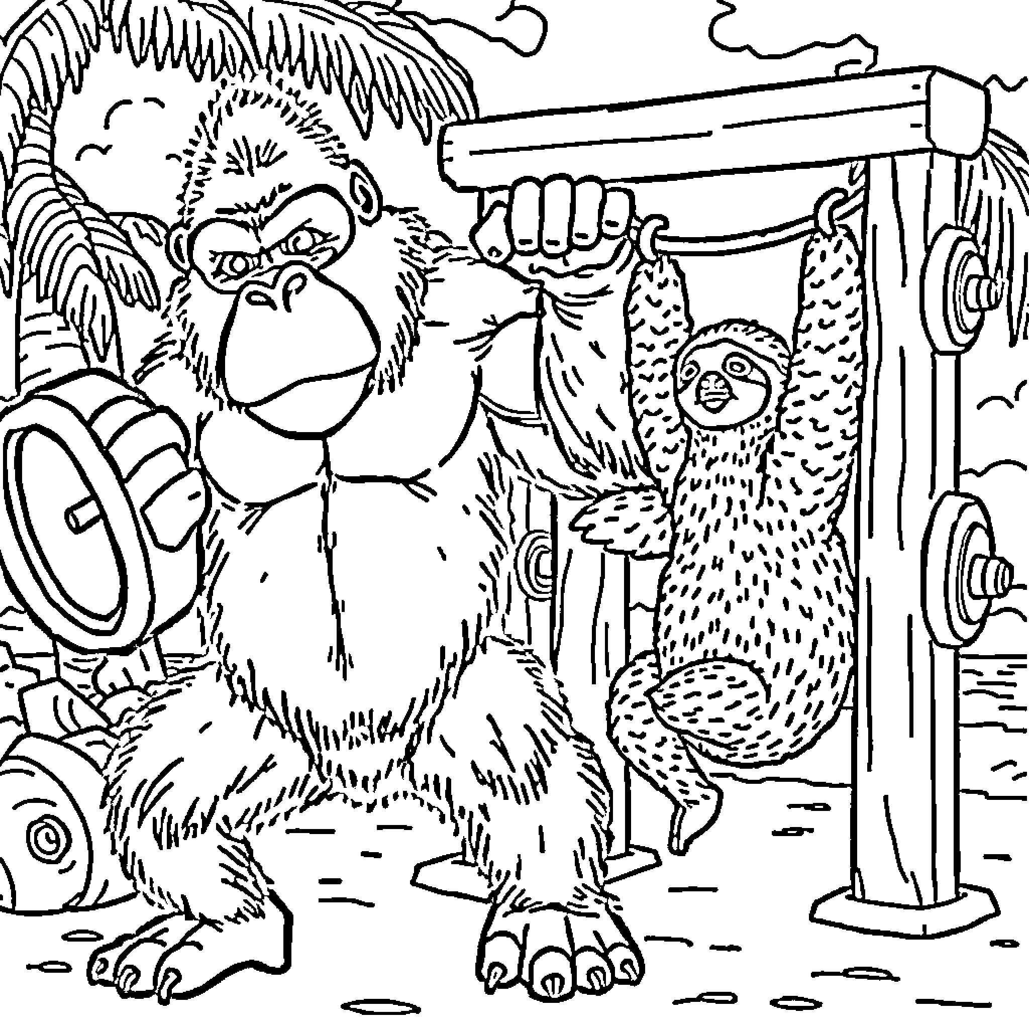 Gorilla and sloth exploring equipment in the jungle Coloring Page (free black-and-white line drawing printable PDF for all, from beginners to advanced learners, including children, teens, adults, and seniors)