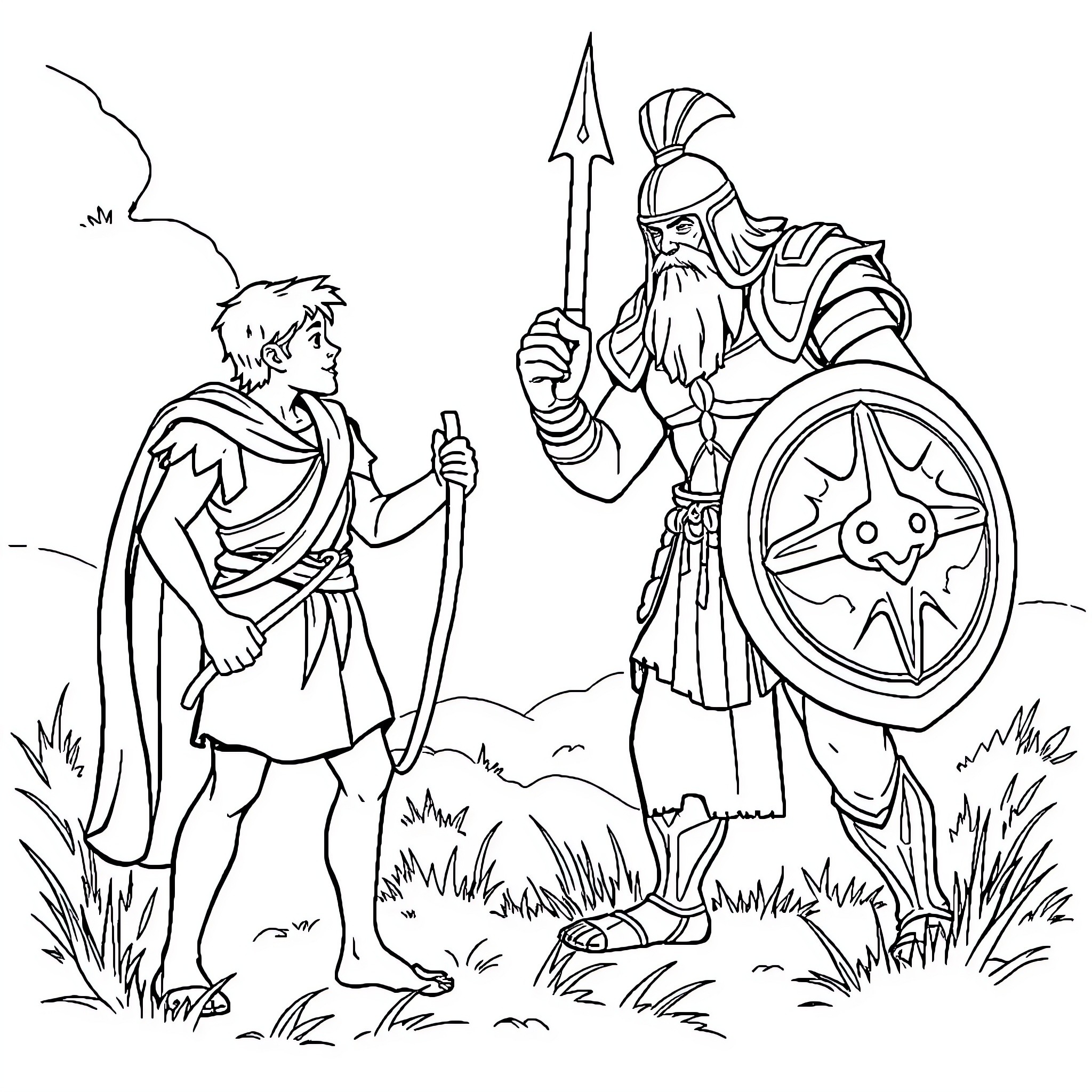 David and the Spartan Warrior in the Wilderness Coloring Page (free black-and-white line drawing printable PDF for all, from beginners to advanced learners, including children, teens, adults, and seniors)