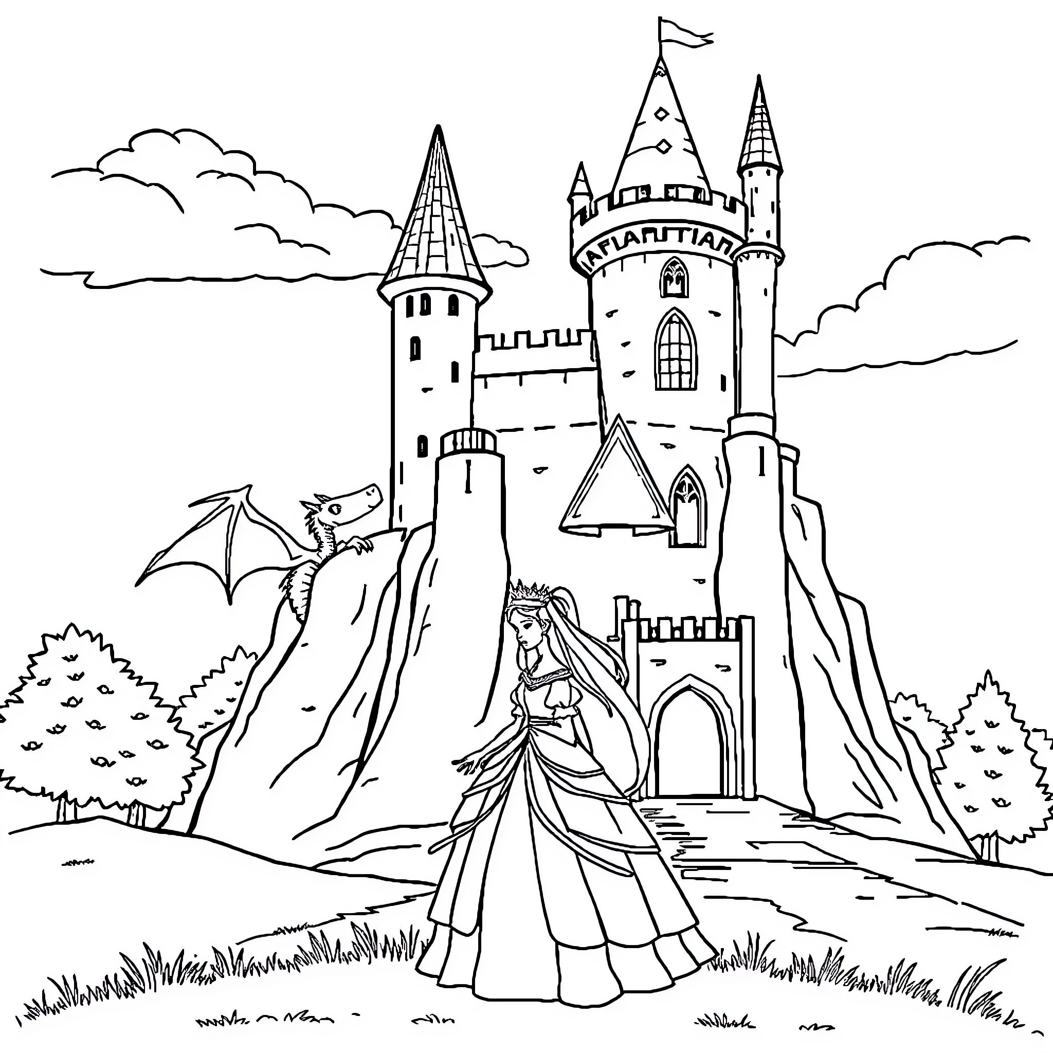 Princess in beautiful castle landscape Coloring Page (free black-and-white line drawing printable PDF for all, from beginners to advanced learners, including children, teens, adults, and seniors)