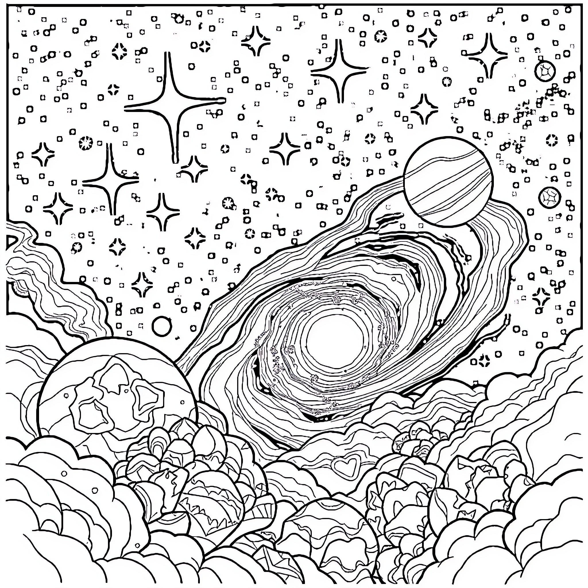 God's Cosmic Wonderland Coloring Page (free black-and-white line drawing printable PDF for all, from beginners to advanced learners, including children, teens, adults, and seniors)