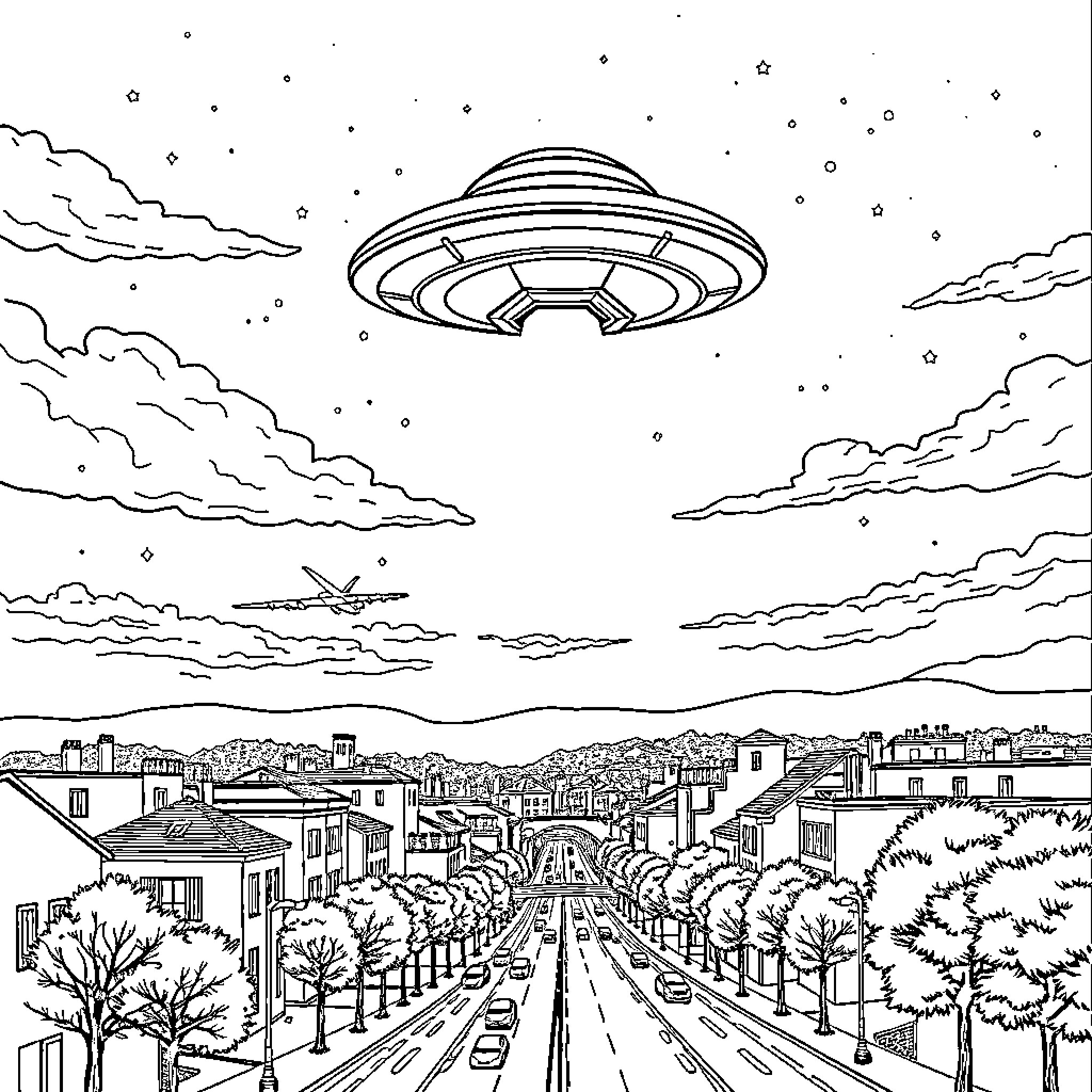 UFO hovering above a cityscape at night Coloring Page (free black-and-white line drawing printable PDF for all, from beginners to advanced learners, including children, teens, adults, and seniors)