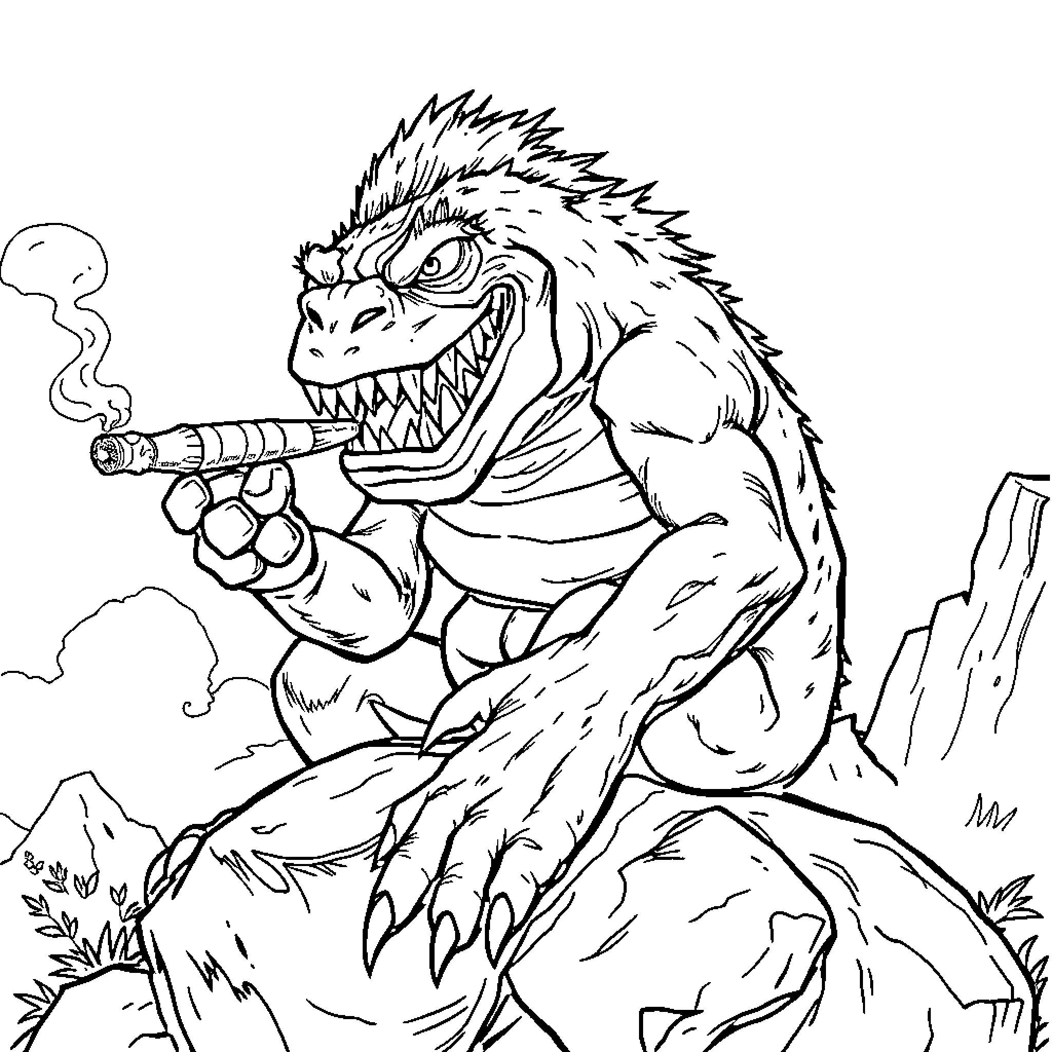 Monster smoking cigar on rocky terrain Coloring Page (free black-and-white line drawing printable PDF for all, from beginners to advanced learners, including children, teens, adults, and seniors)