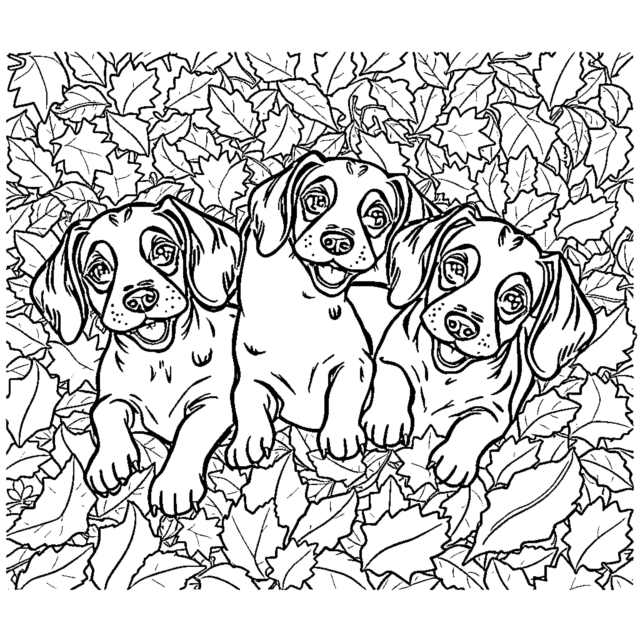 Wiener Dogs Frolicking in Fallen Leaves Coloring Page (free black-and-white line drawing printable PDF for all, from beginners to advanced learners, including children, teens, adults, and seniors)