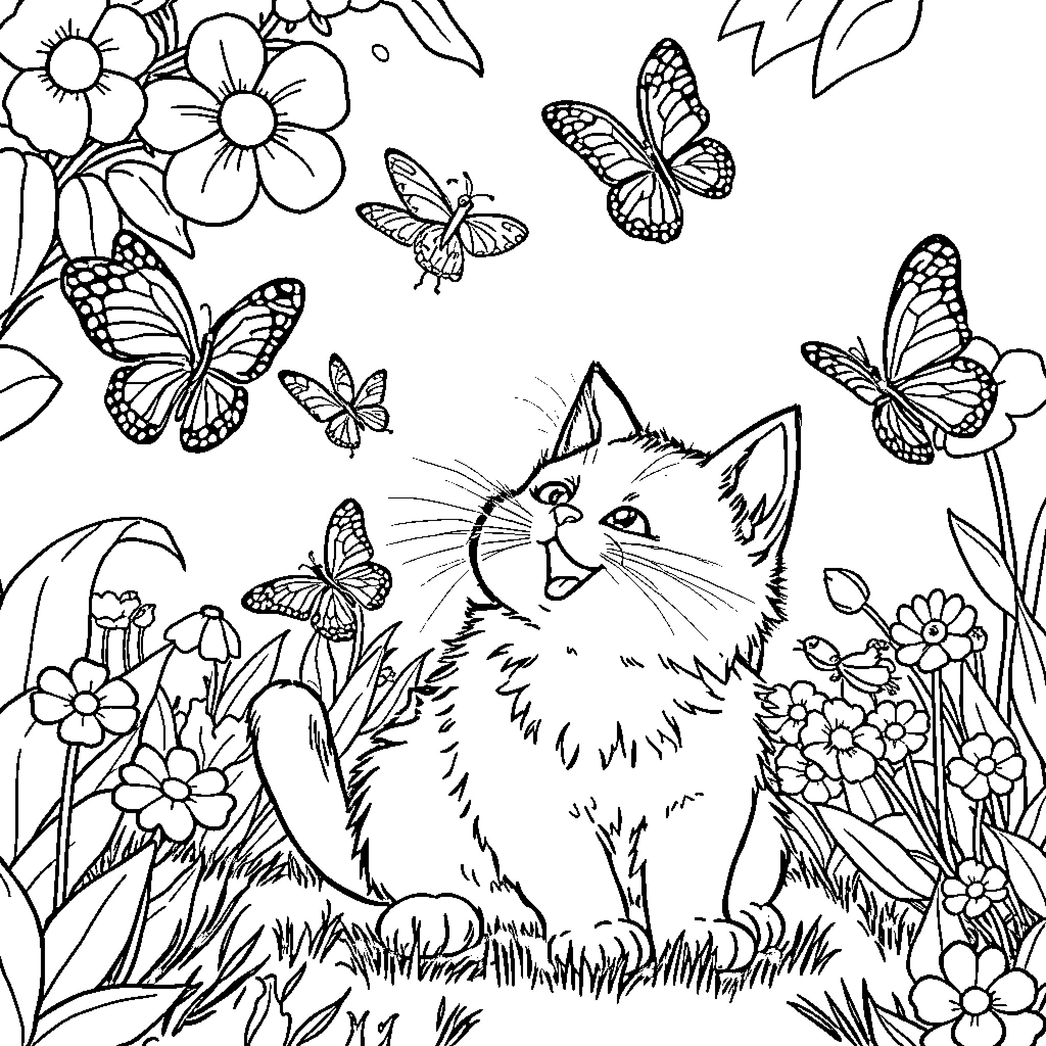 Cat surrounded by flowers and butterflies Coloring Page (free black-and-white line drawing printable PDF for all, from beginners to advanced learners, including children, teens, adults, and seniors)