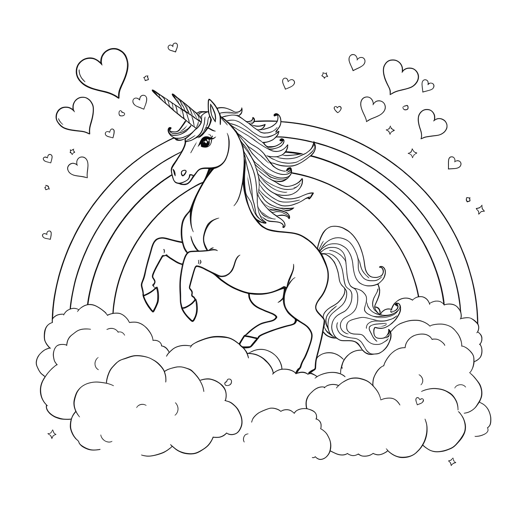Unicorn dancing joyfully amidst hearts and clouds Coloring Page (free black-and-white line drawing printable PDF for all, from beginners to advanced learners, including children, teens, adults, and seniors)