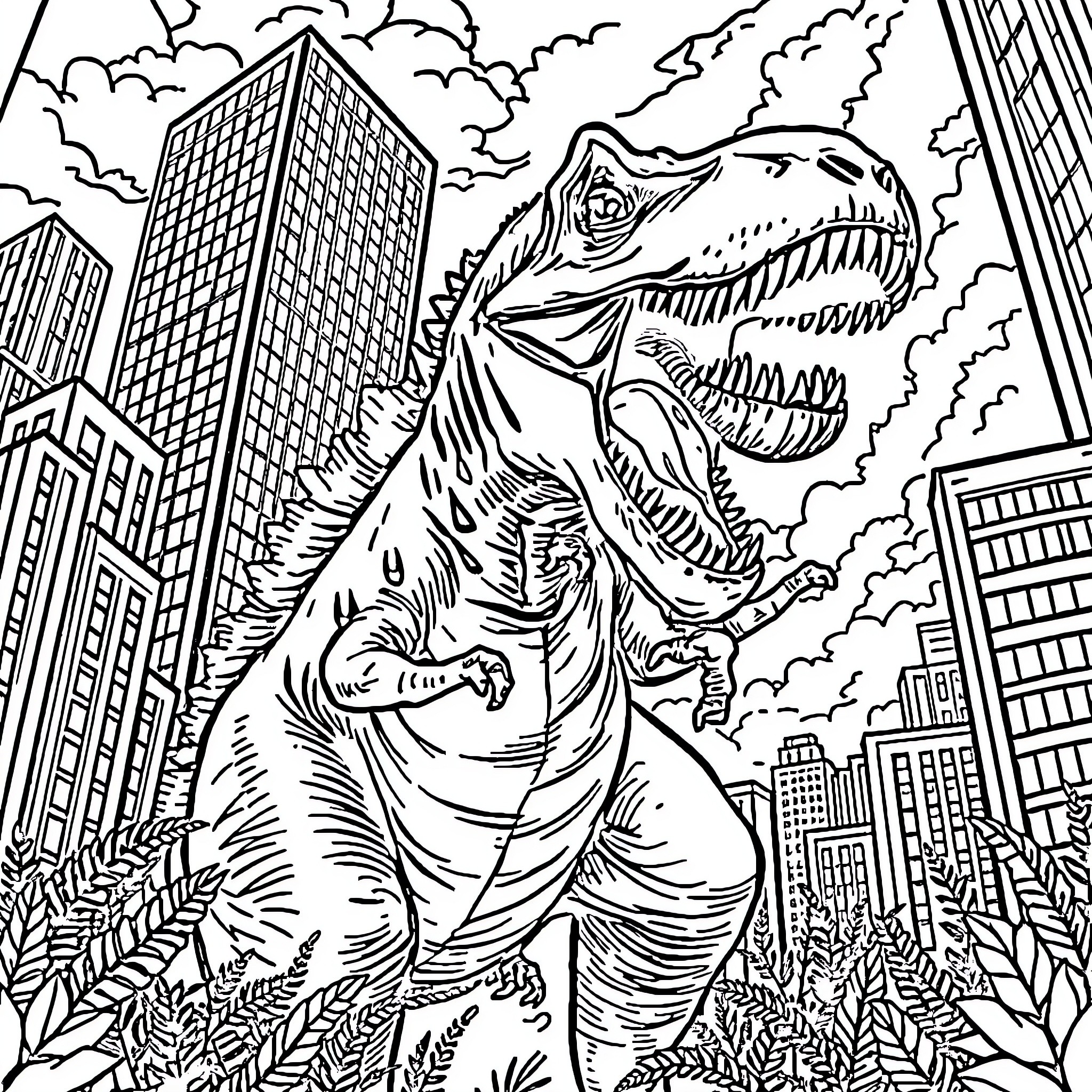 T-Rex Rampaging Through the City Coloring Page (free black-and-white line drawing printable PDF for all, from beginners to advanced learners, including children, teens, adults, and seniors)