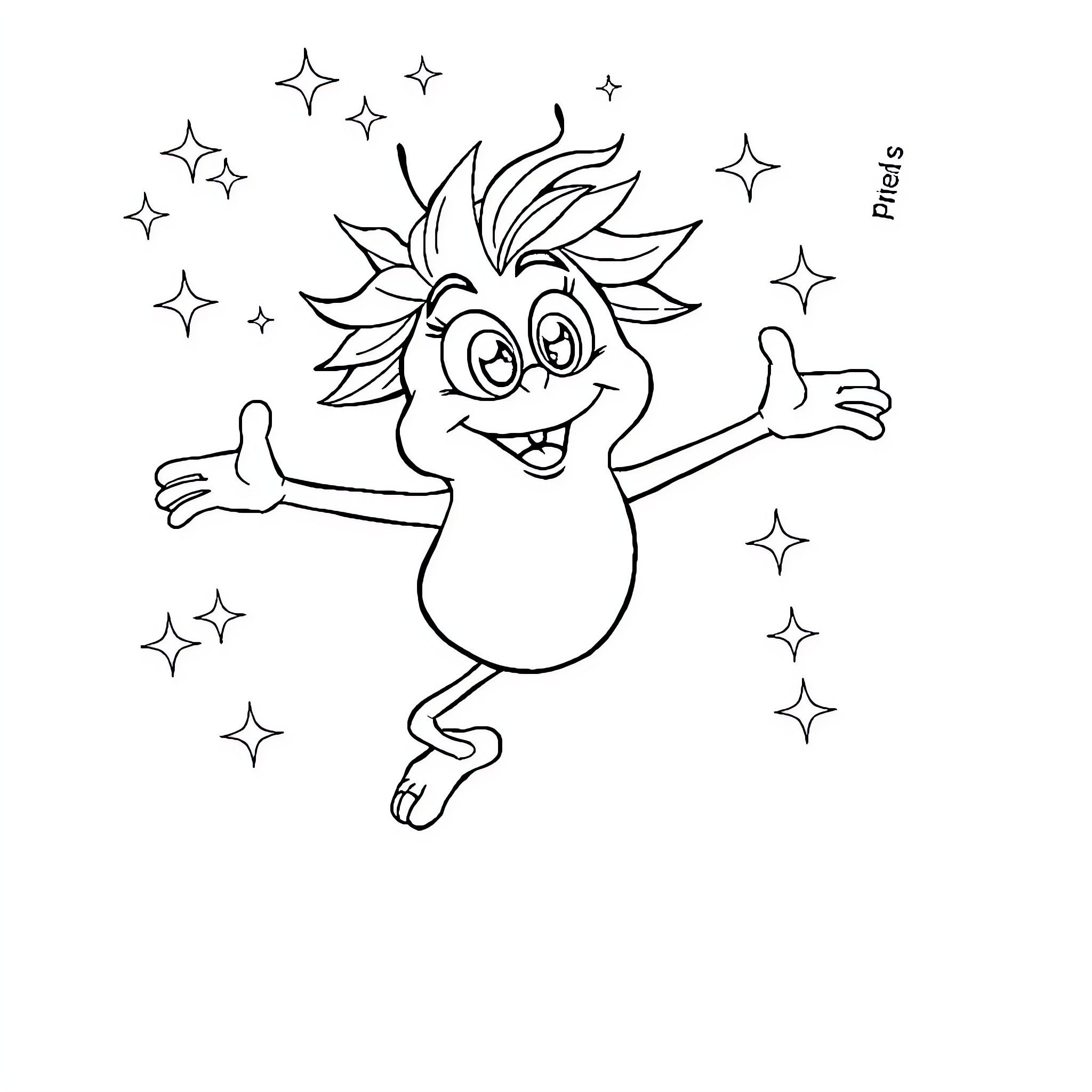 Esfera - Joyful creature dancing amongst stars Coloring Page (free black-and-white line drawing printable PDF for all, from beginners to advanced learners, including children, teens, adults, and seniors)