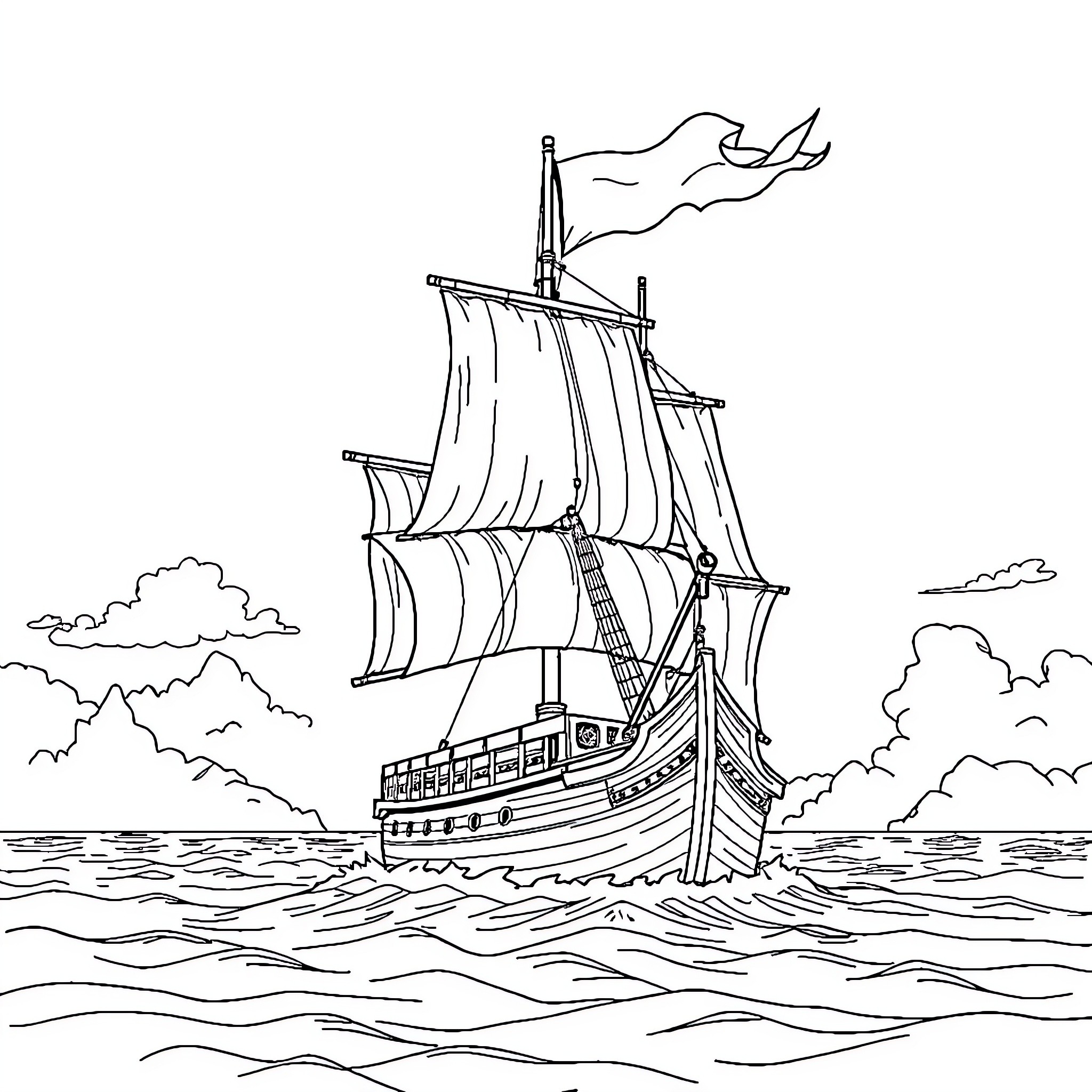 Pirate Ship Sailing on Open Waters Coloring Page (free black-and-white line drawing printable PDF for all, from beginners to advanced learners, including children, teens, adults, and seniors)