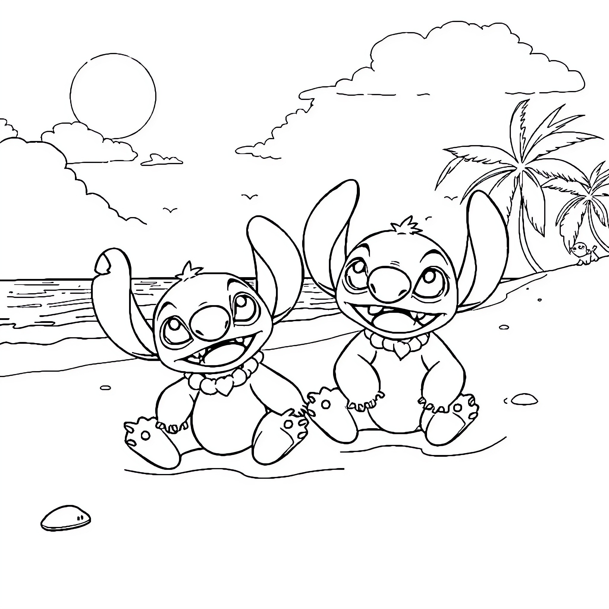 Lilo And Stitch Playing on the Beach Coloring Page (free black-and-white line drawing printable PDF for all, from beginners to advanced learners, including children, teens, adults, and seniors)