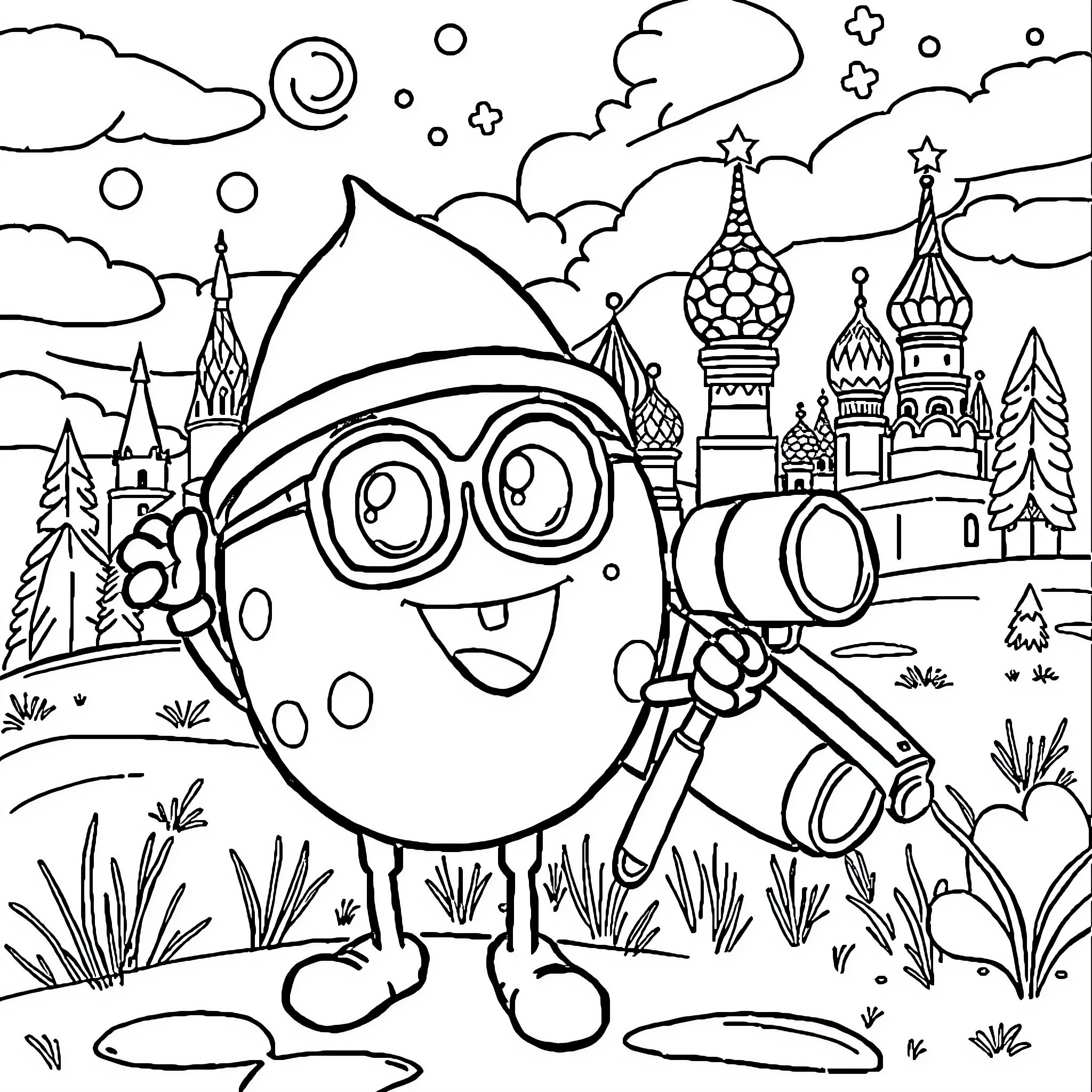 Spongebob exploring the Russian landscape with binoculars Coloring Page (free black-and-white line drawing printable PDF for all, from beginners to advanced learners, including children, teens, adults, and seniors)