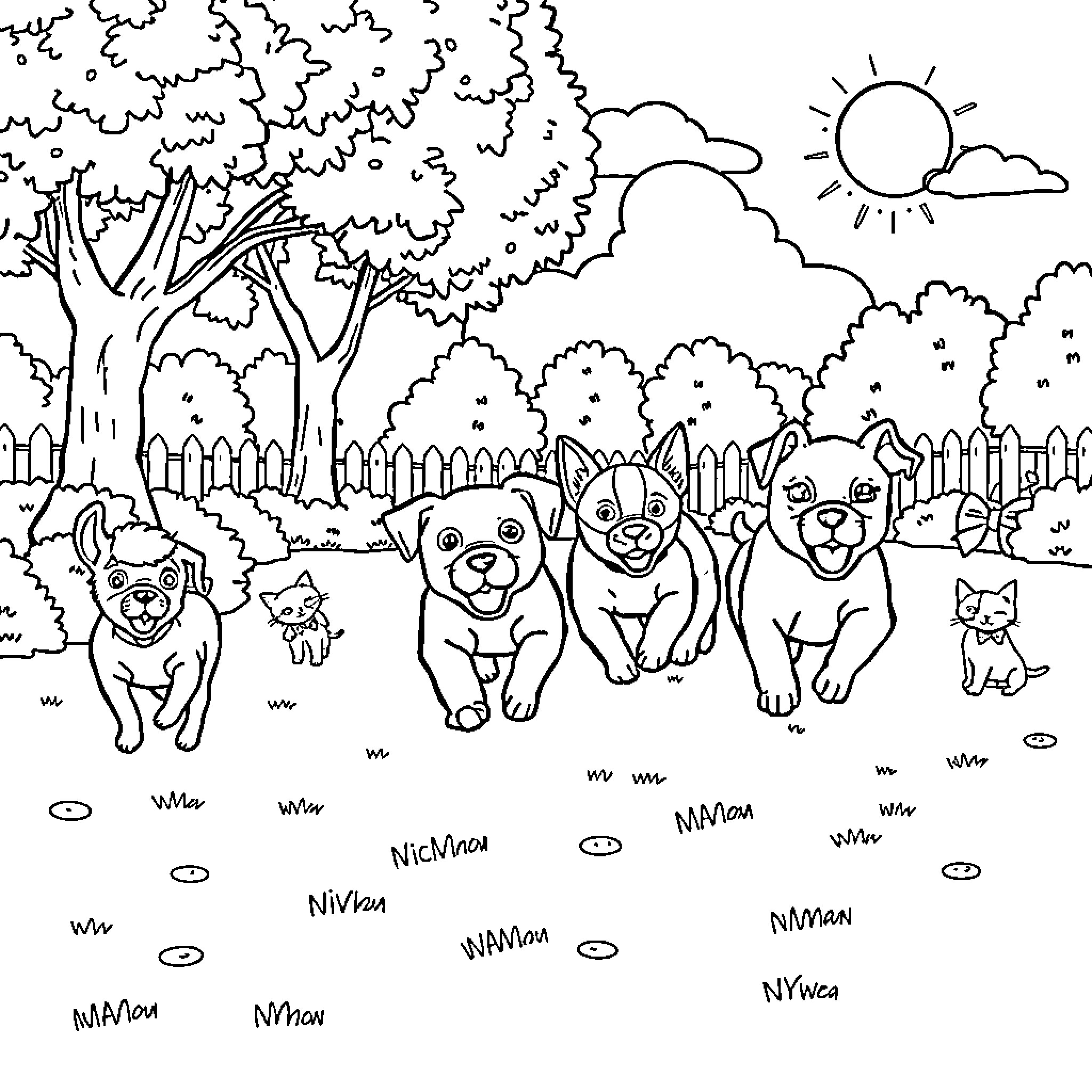 Puppies playing joyfully in the park Coloring Page (free black-and-white line drawing printable PDF for all, from beginners to advanced learners, including children, teens, adults, and seniors)