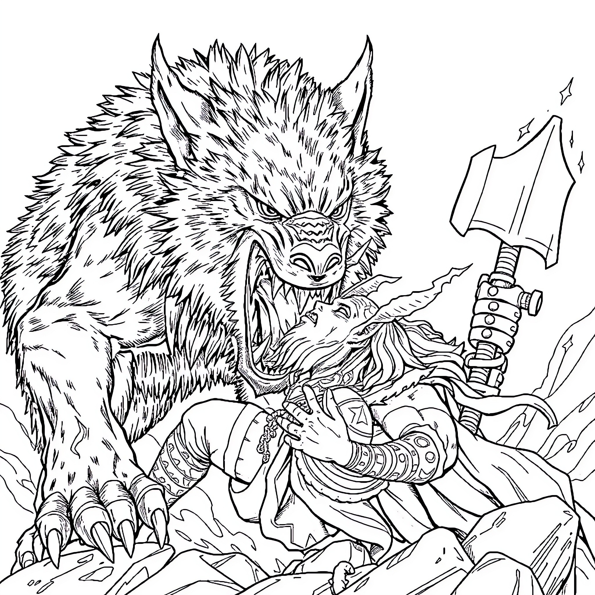 Fenrir the Mighty Wolf Warrior in Battle Coloring Page (free black-and-white line drawing printable PDF for all, from beginners to advanced learners, including children, teens, adults, and seniors)
