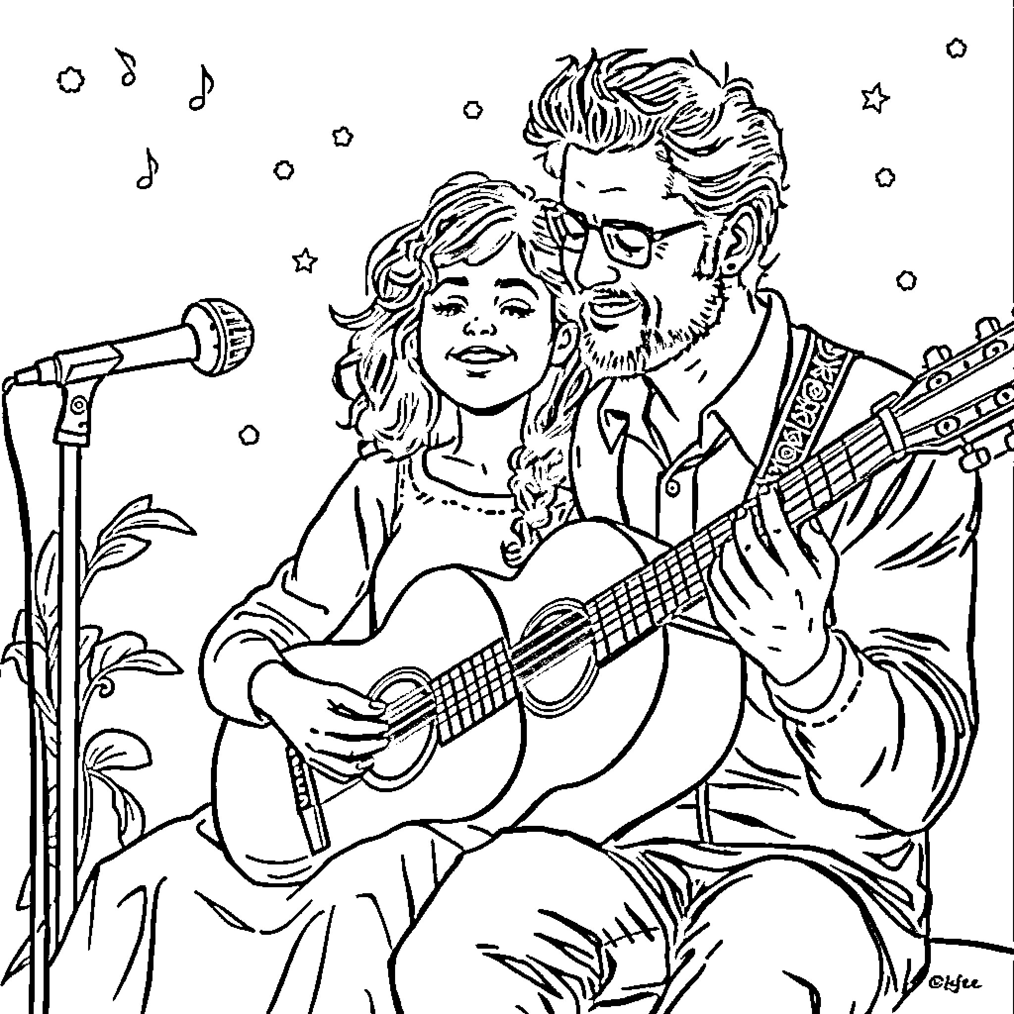 Nina and her father performing on stage Coloring Page (free black-and-white line drawing printable PDF for all, from beginners to advanced learners, including children, teens, adults, and seniors)