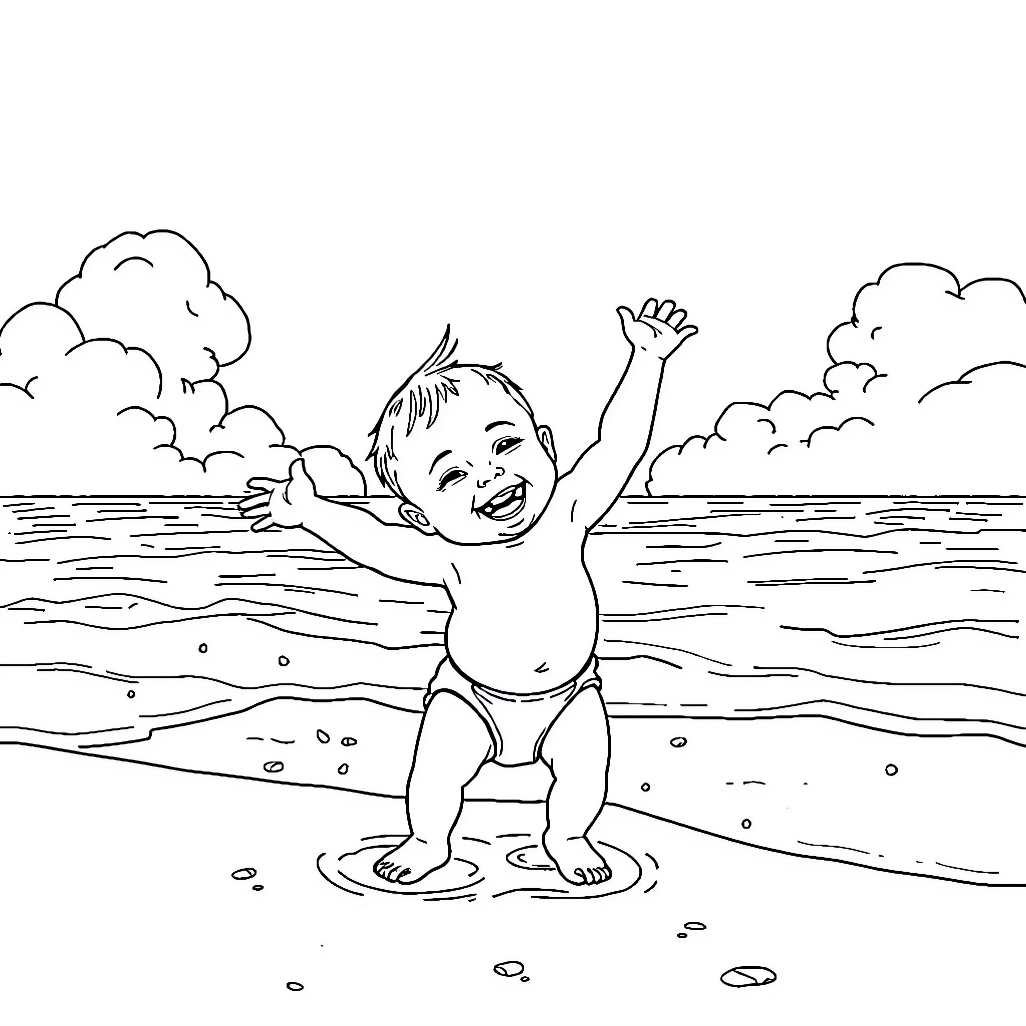 Baby joyfully playing in the waves Coloring Page (free black-and-white line drawing printable PDF for all, from beginners to advanced learners, including children, teens, adults, and seniors)