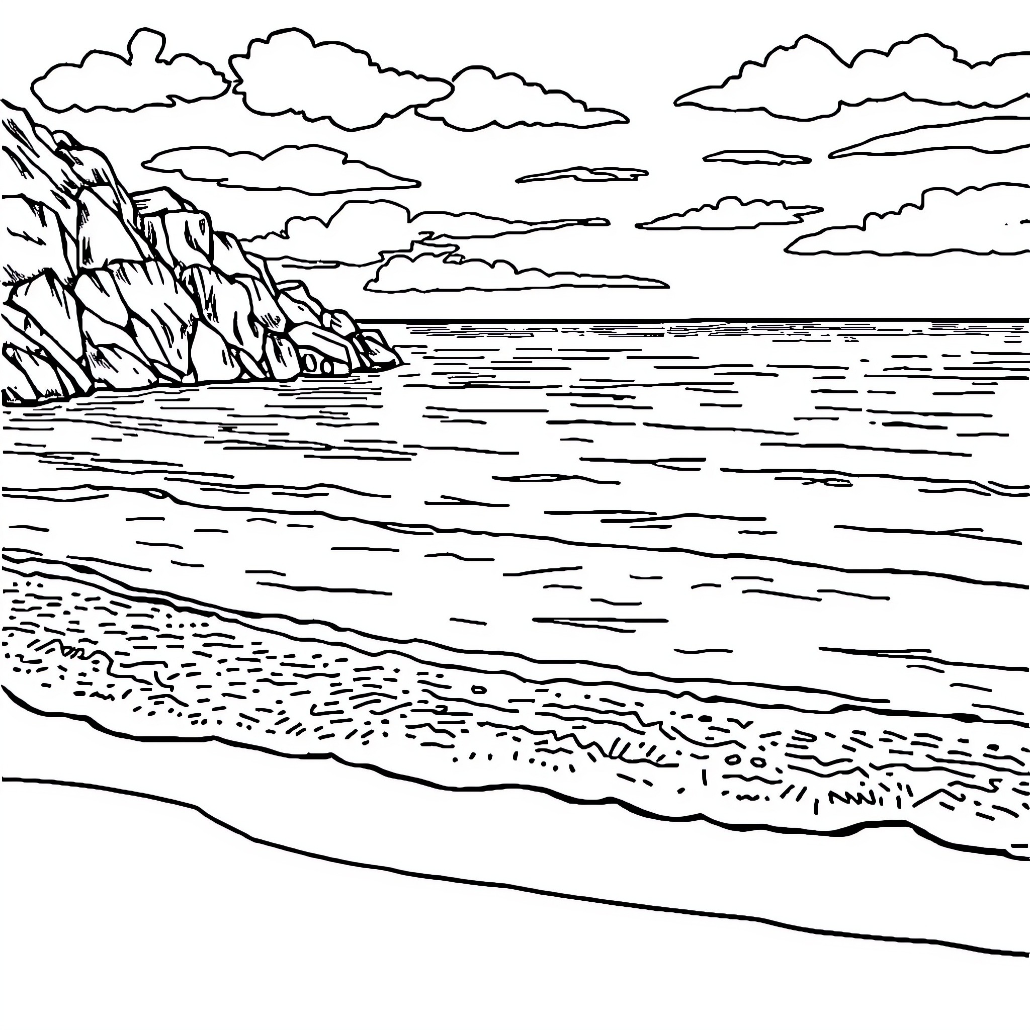 Bay view of rocky shoreline under cloudy sky Coloring Page (free black-and-white line drawing printable PDF for all, from beginners to advanced learners, including children, teens, adults, and seniors)