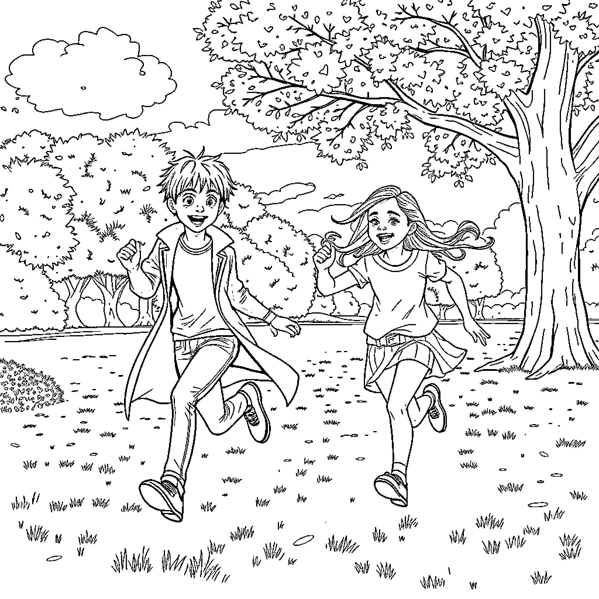 Hermione and Ron playing happily in the park Coloring Page (free black-and-white line drawing printable PDF for all, from beginners to advanced learners, including children, teens, adults, and seniors)