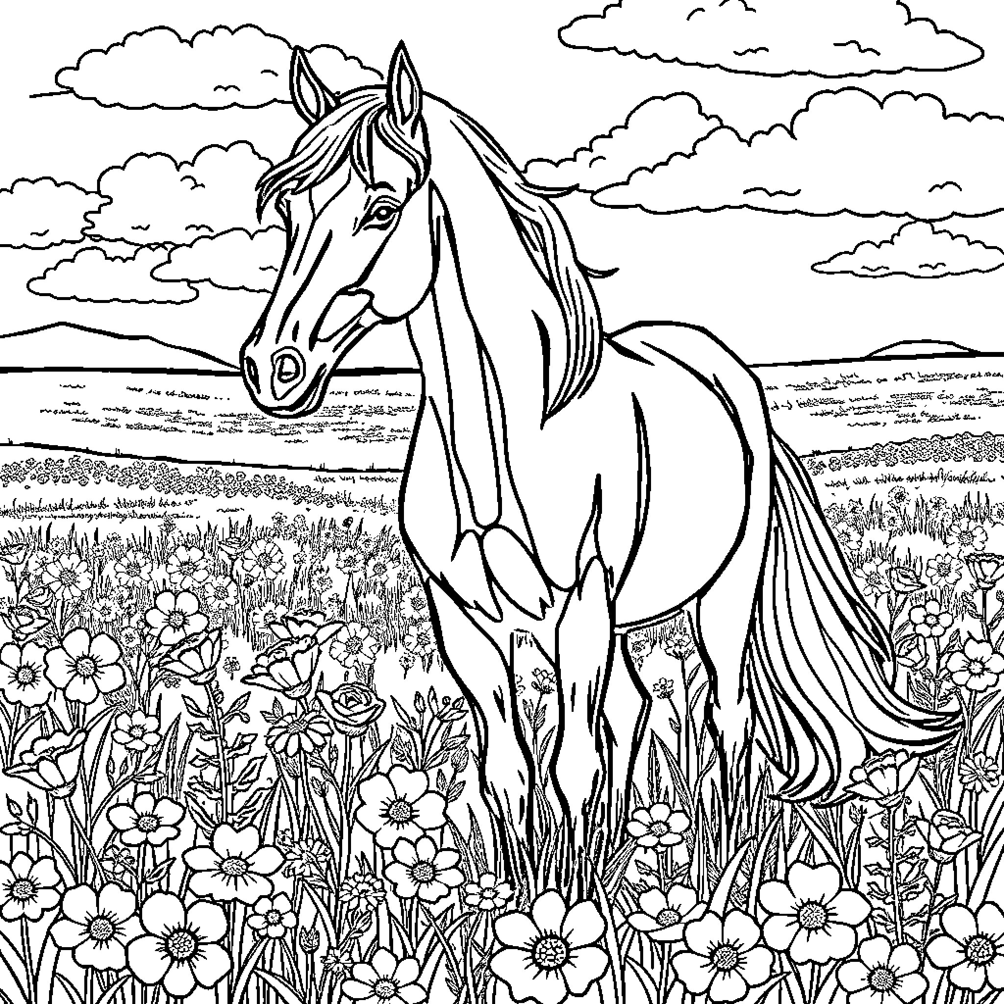 Horse standing amidst blooming flowers in the countryside Coloring Page (free black-and-white line drawing printable PDF for all, from beginners to advanced learners, including children, teens, adults, and seniors)