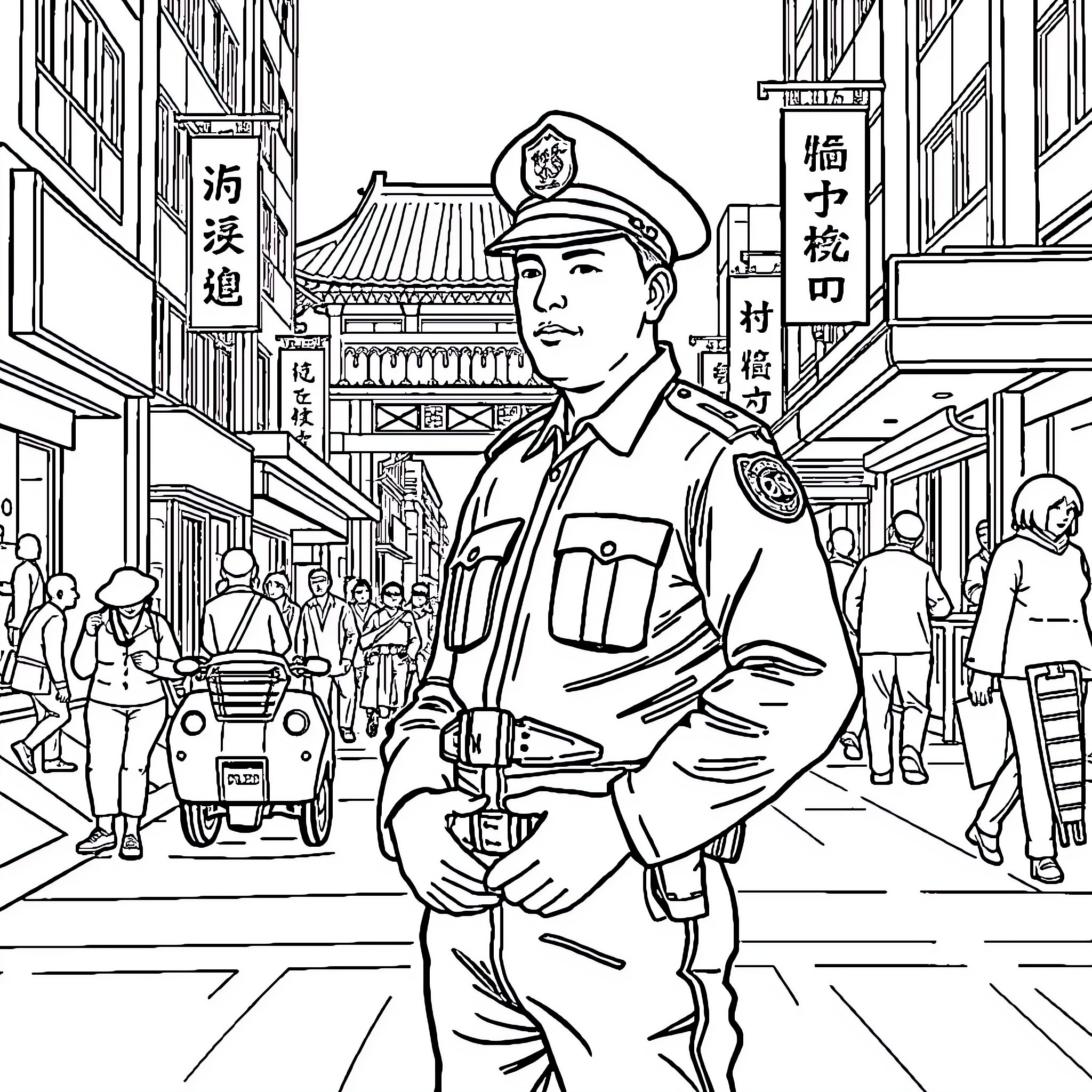 Police Officer Directing Traffic in a Busy City Scene Coloring Page (free black-and-white line drawing printable PDF for all, from beginners to advanced learners, including children, teens, adults, and seniors)