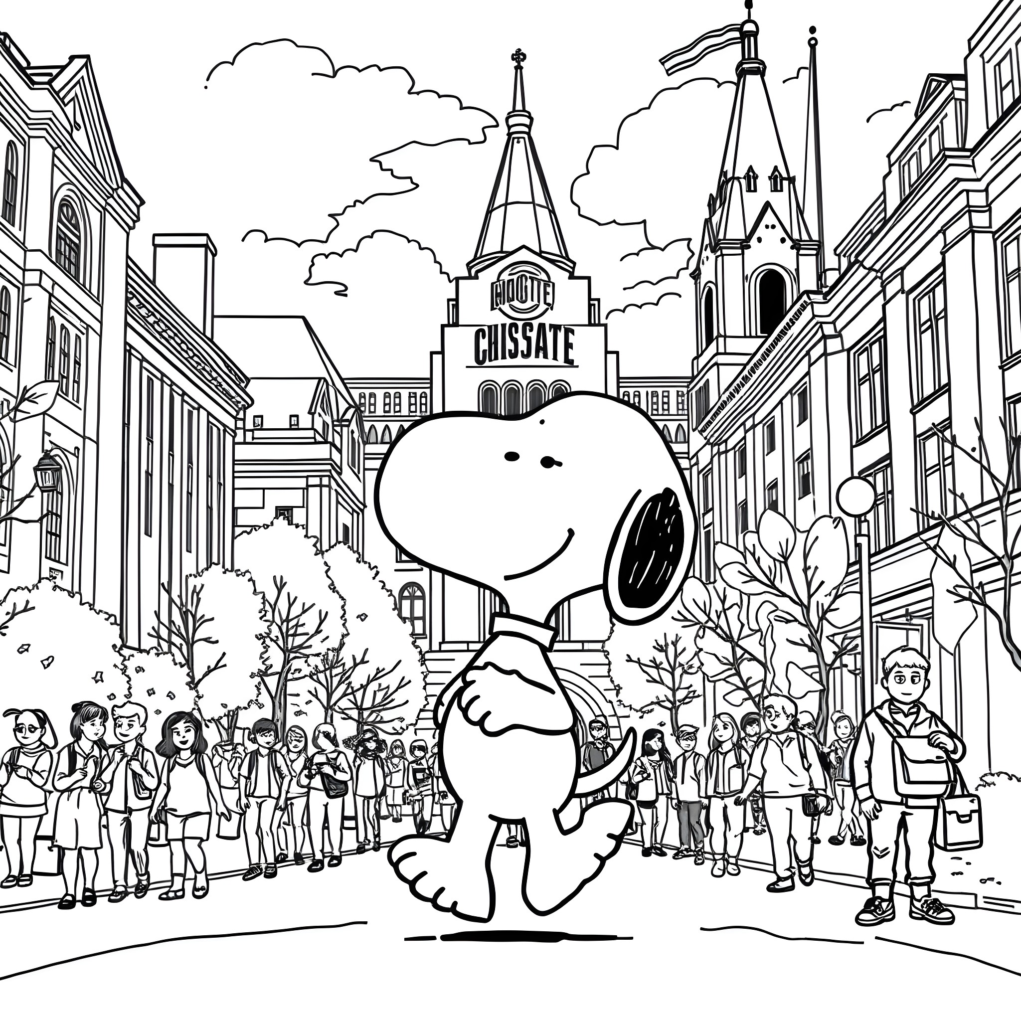 Snoopy enjoying a day out in the city Coloring Page (free black-and-white line drawing printable PDF for all, from beginners to advanced learners, including children, teens, adults, and seniors)