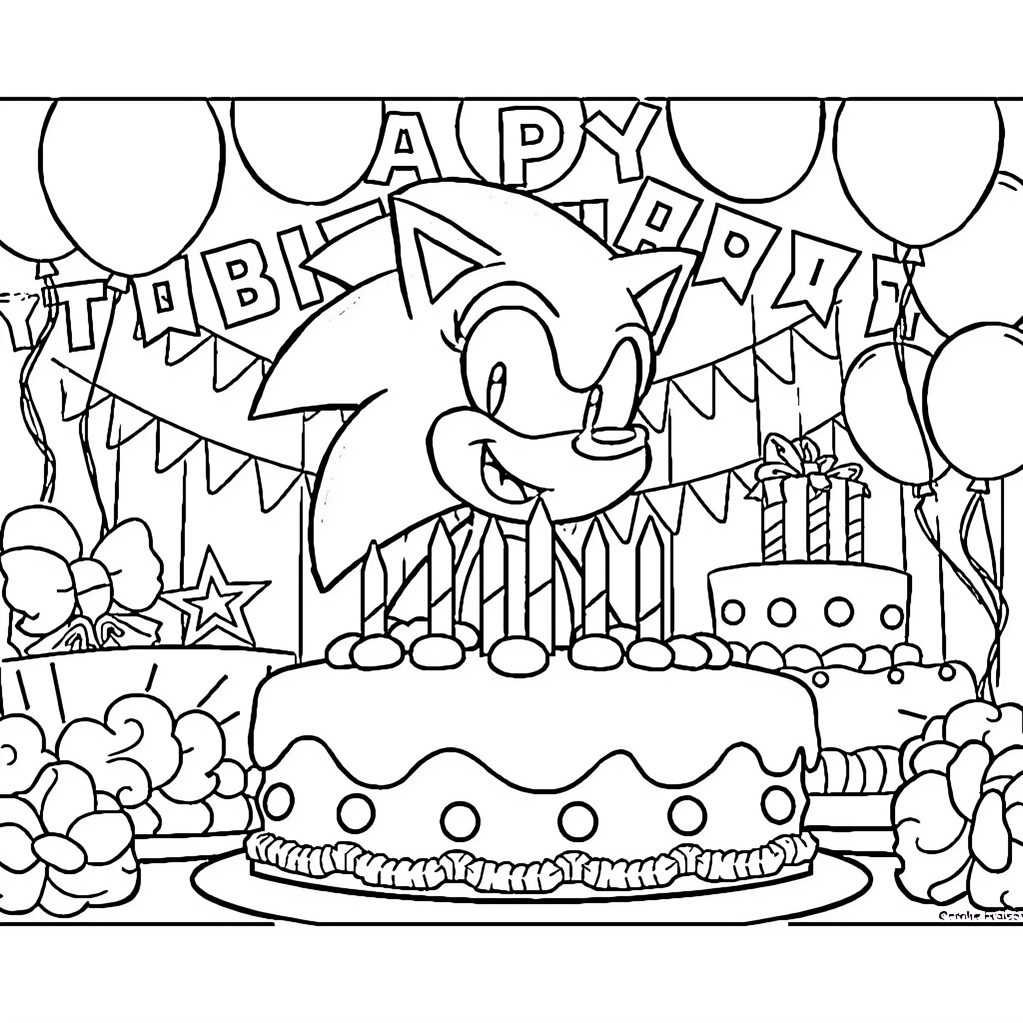 Sonic's Exciting Birthday Celebration Coloring Page (free black-and-white line drawing printable PDF for all, from beginners to advanced learners, including children, teens, adults, and seniors)