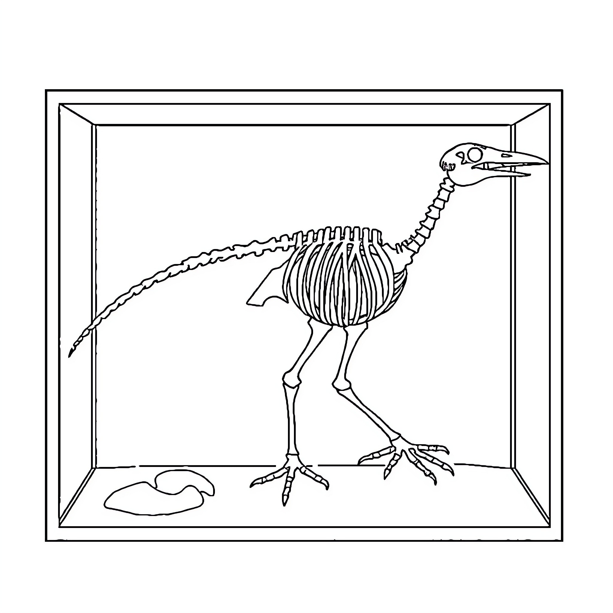 Roadrunner skeleton displayed in a frame Coloring Page (free black-and-white line drawing printable PDF for all, from beginners to advanced learners, including children, teens, adults, and seniors)