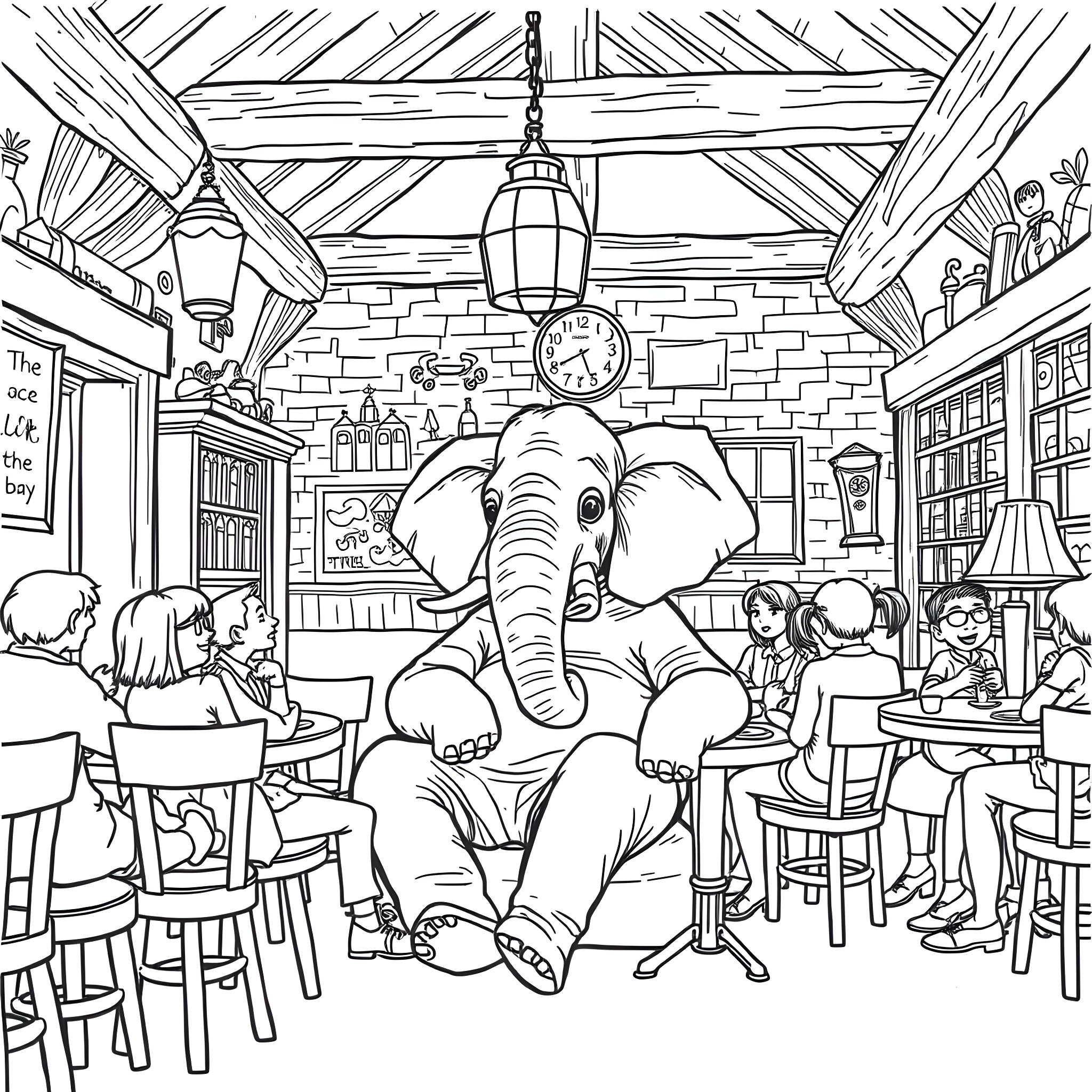 Elephant enjoying a cozy cafe scene Coloring Page (free black-and-white line drawing printable PDF for all, from beginners to advanced learners, including children, teens, adults, and seniors)