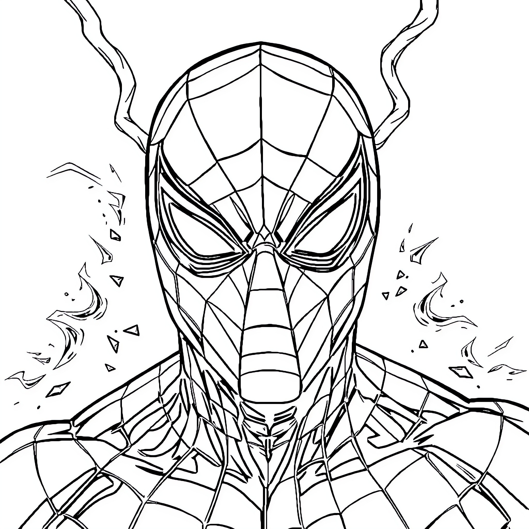 Spiderman heroically facing the unknown Coloring Page (free black-and-white line drawing printable PDF for all, from beginners to advanced learners, including children, teens, adults, and seniors)