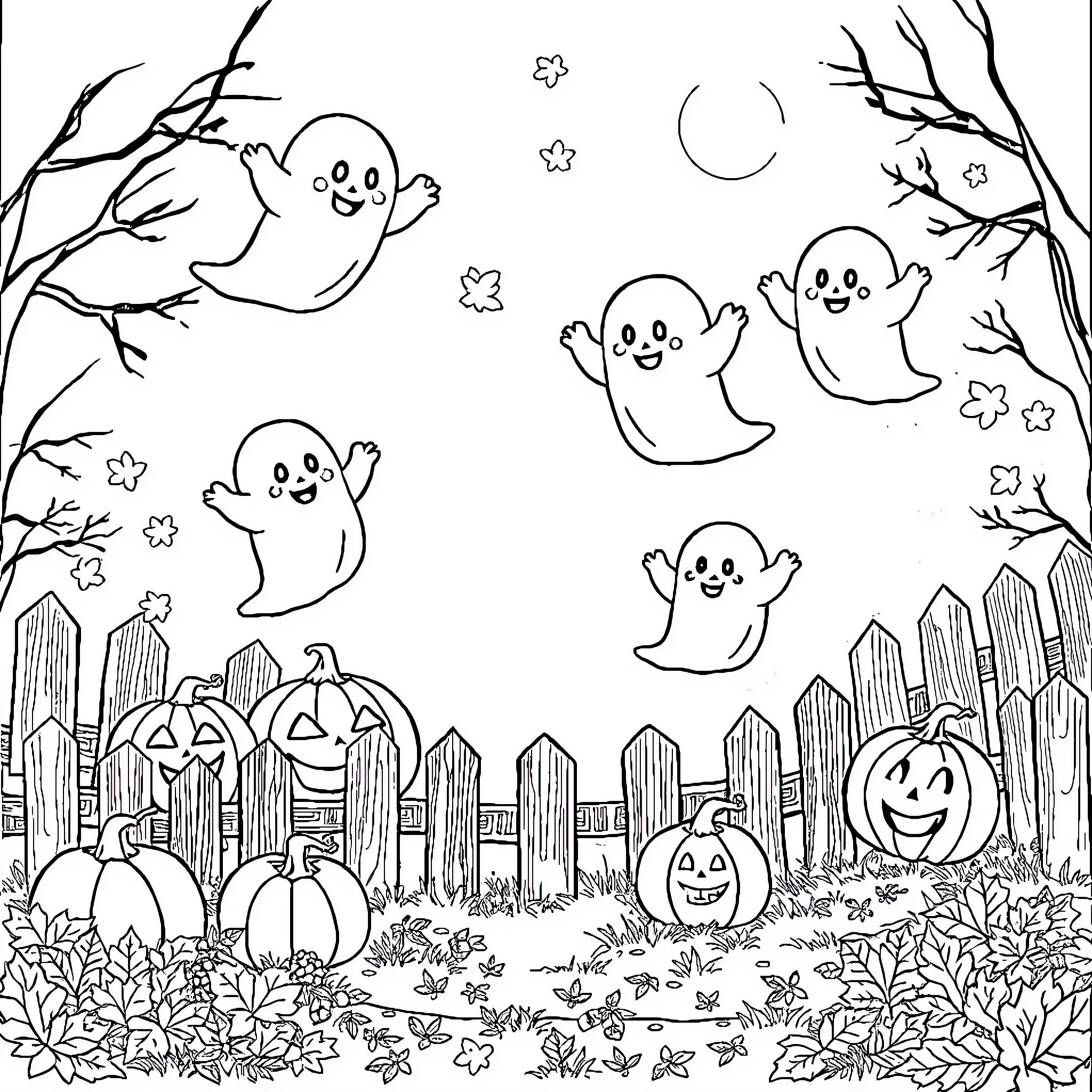 Ghost friends celebrating Halloween in the night Coloring Page (free black-and-white line drawing printable PDF for all, from beginners to advanced learners, including children, teens, adults, and seniors)