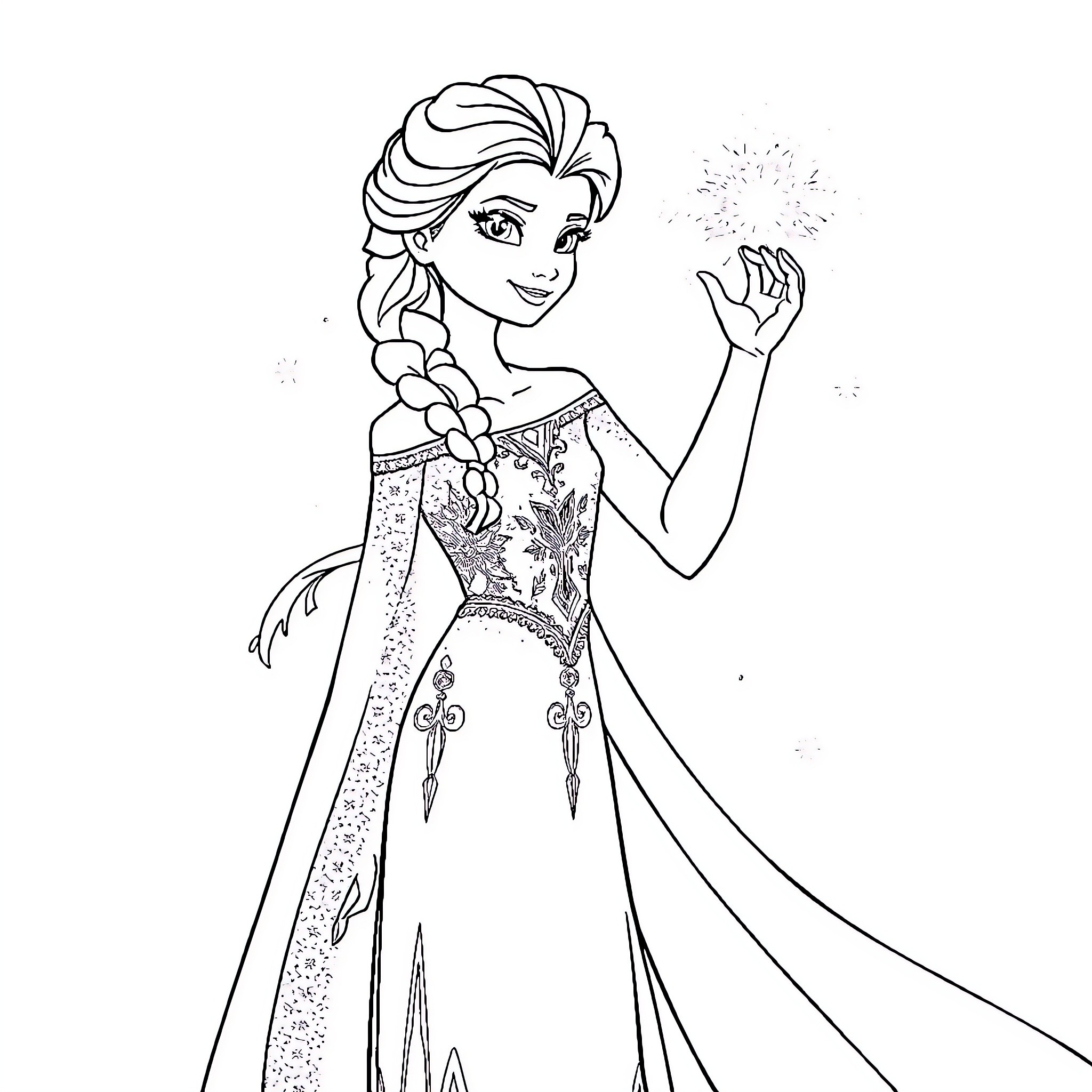 Elsa creating winter magic with her powers Coloring Page (free black-and-white line drawing printable PDF for all, from beginners to advanced learners, including children, teens, adults, and seniors)